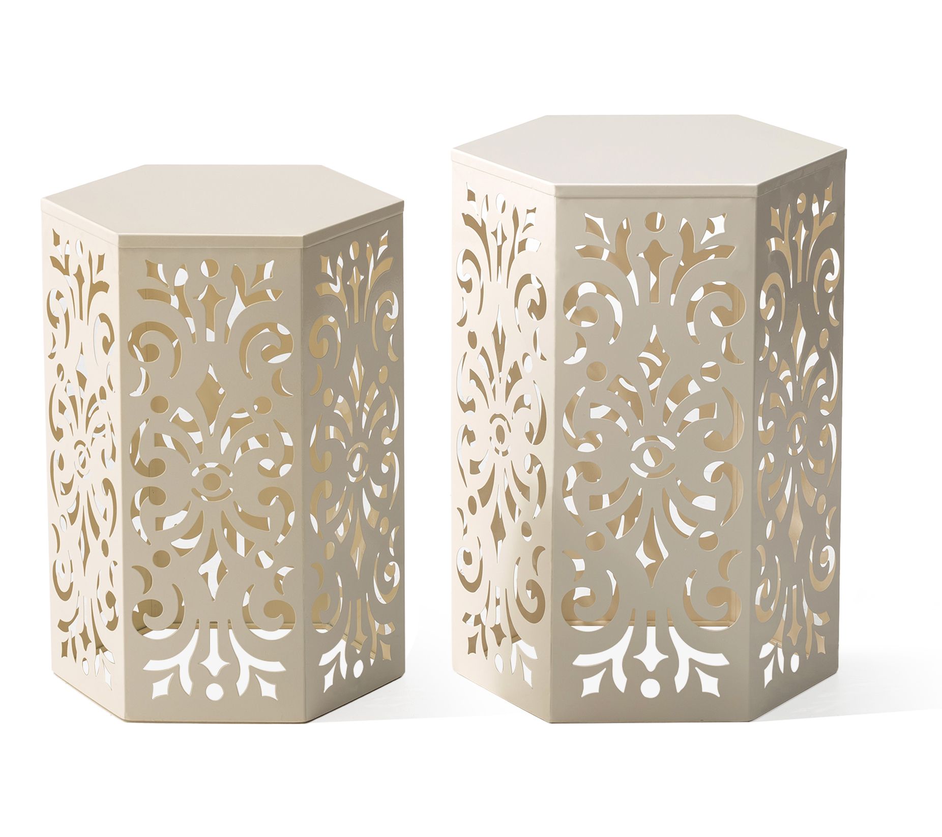 Glitzhome Set of 2 Iron Cutout Floral HexagonalGarden Stools