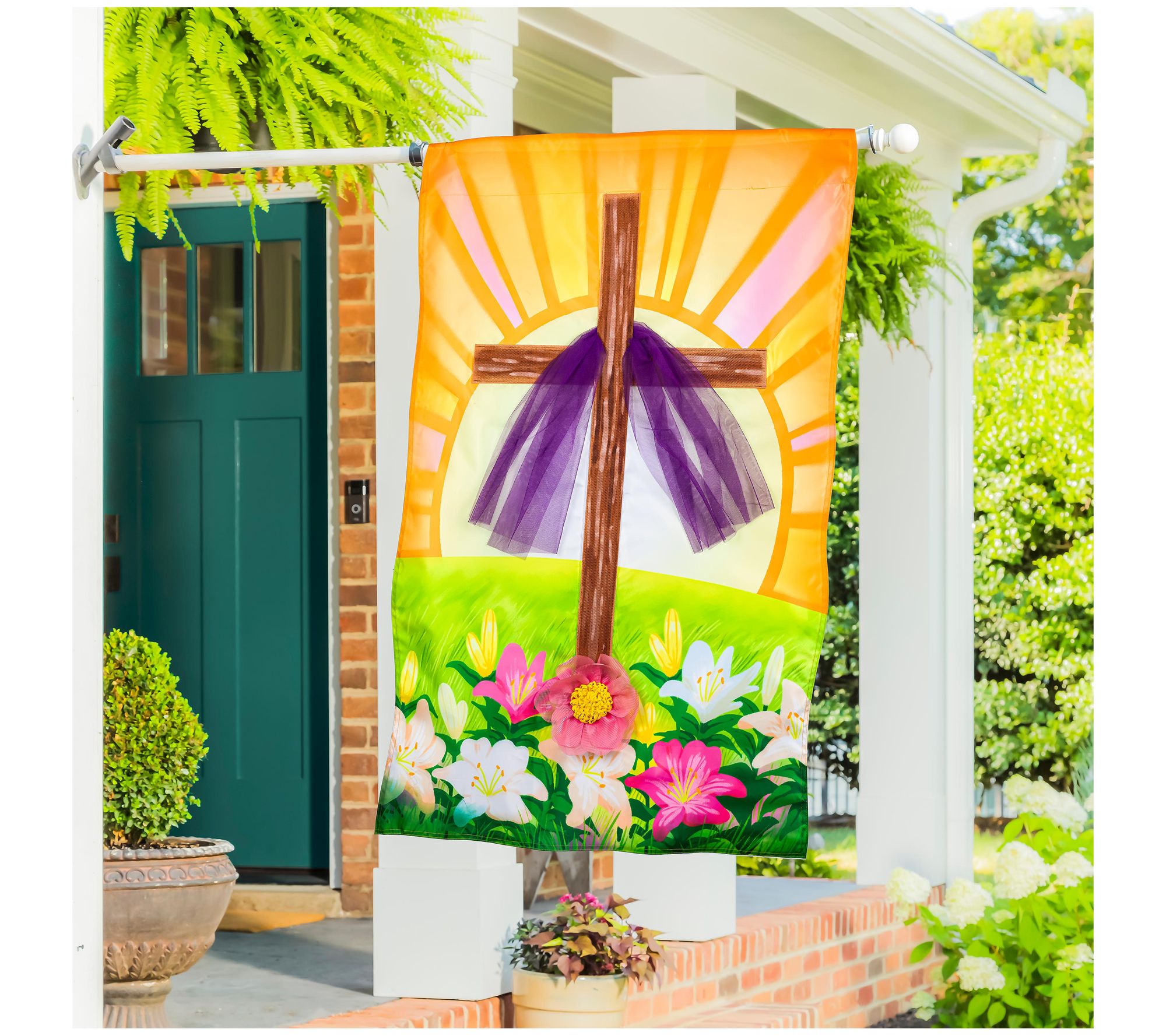 Evergreen Easter Cross With Lilies Applique House Flag