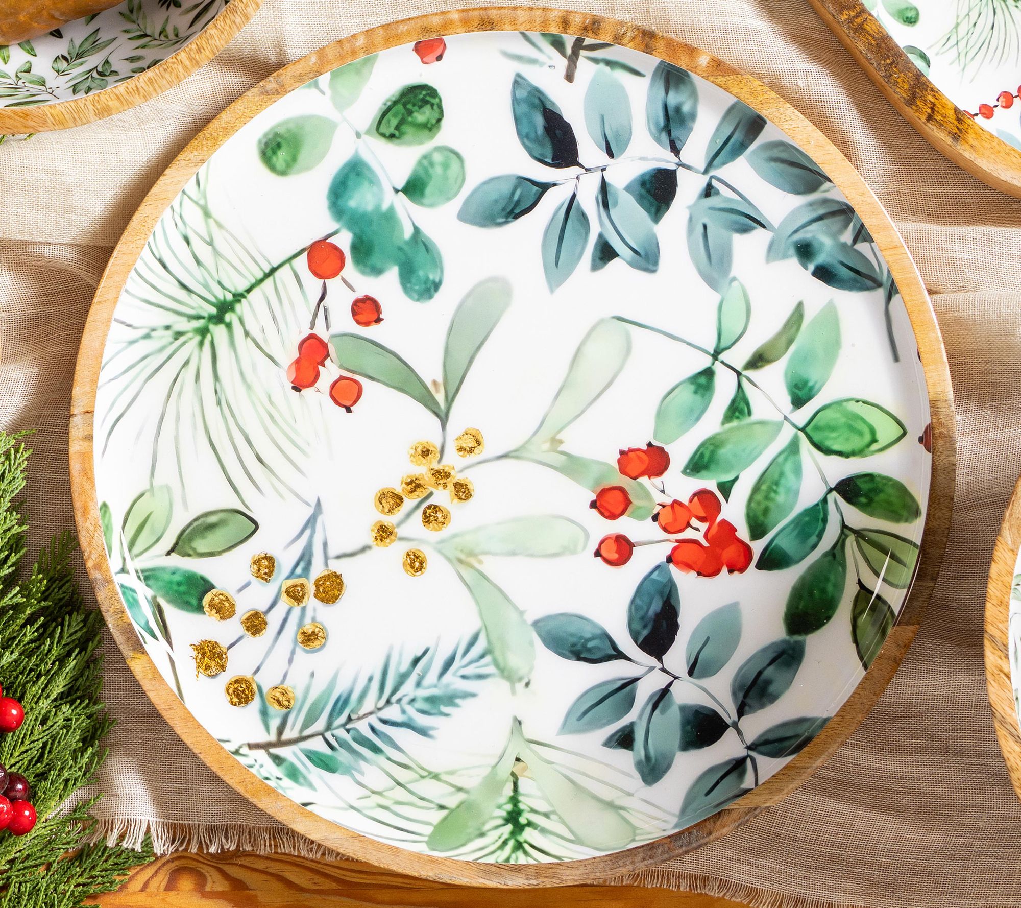 Evergreen 14" Festive Foliage Round Wood Platter
