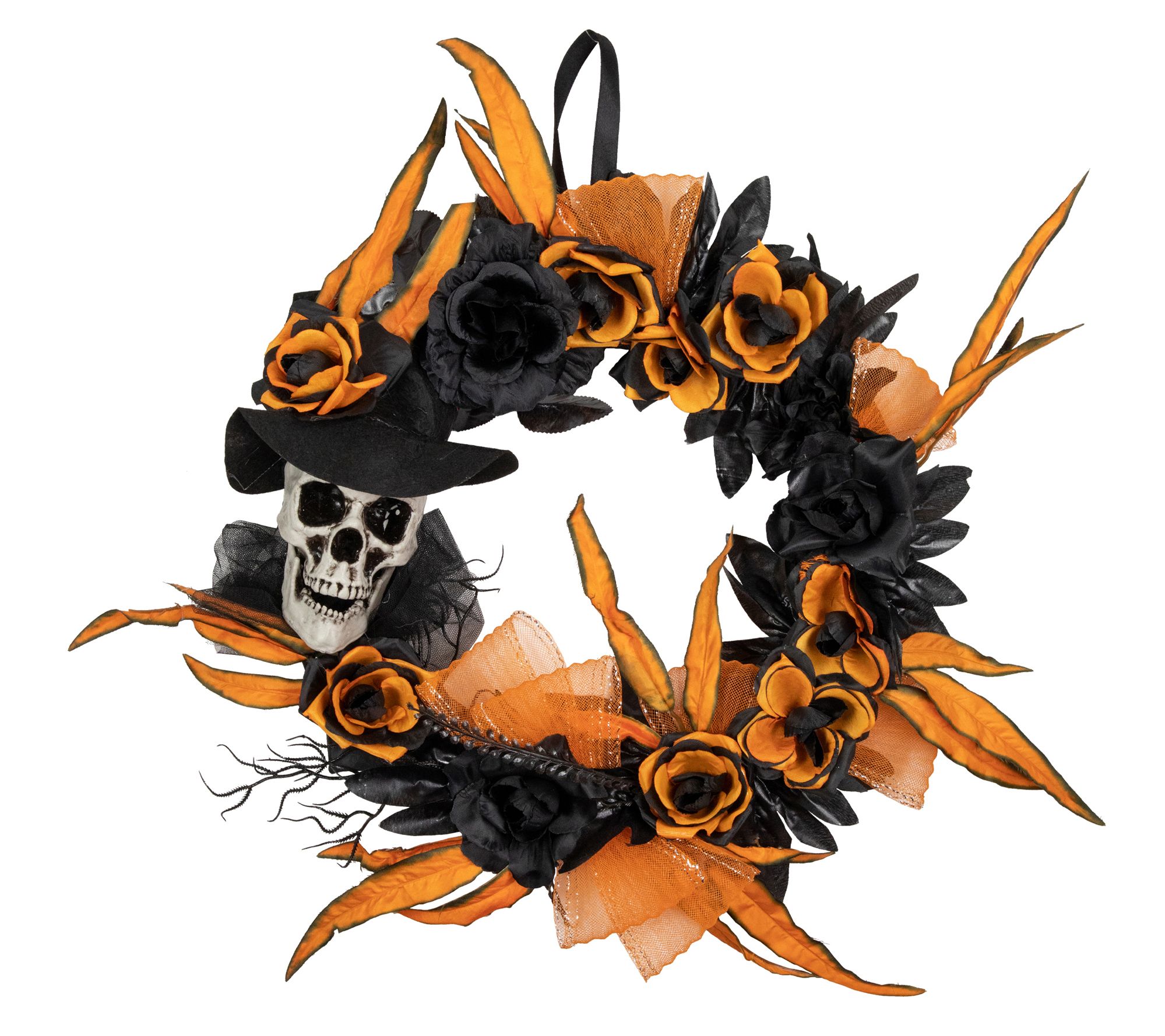 Northlight Skull w/ Black & Orange Roses Halloween Wreath 14"