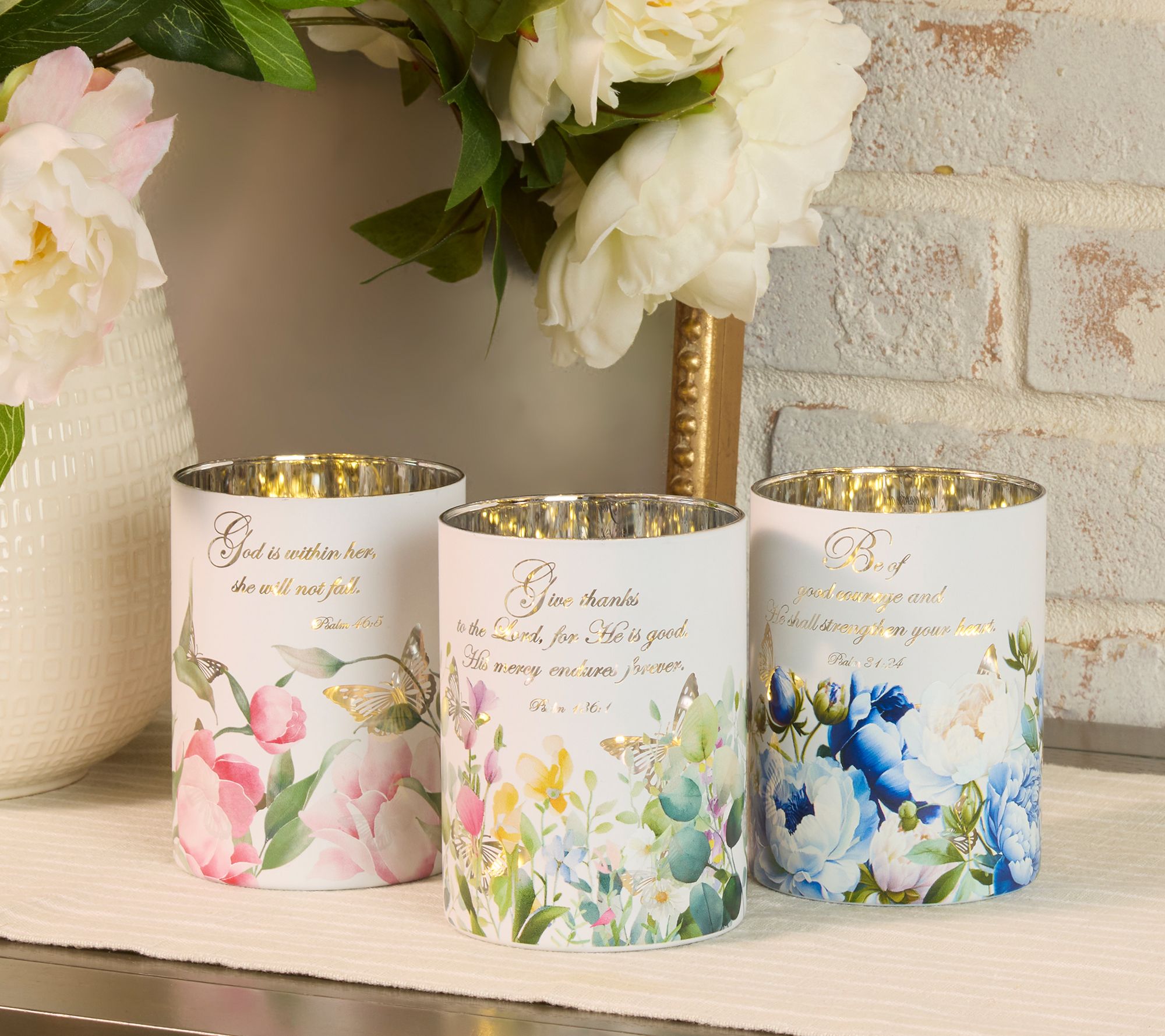 S/3 Illuminated Prayer Garden Hurricanes with Sheer Bags by