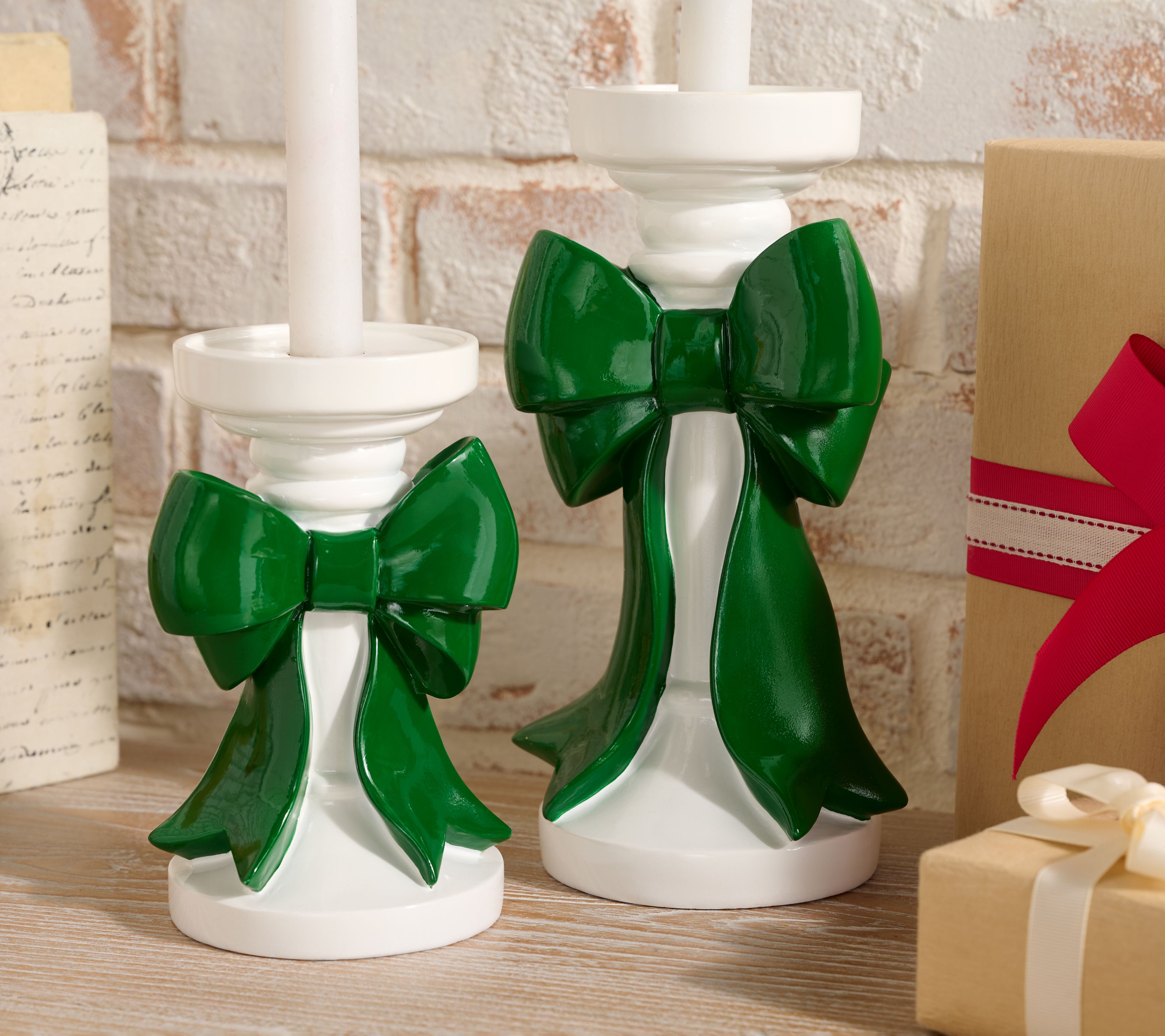 "As Is" Set of 2 Pedestal Candleholders with Bow by Valerie