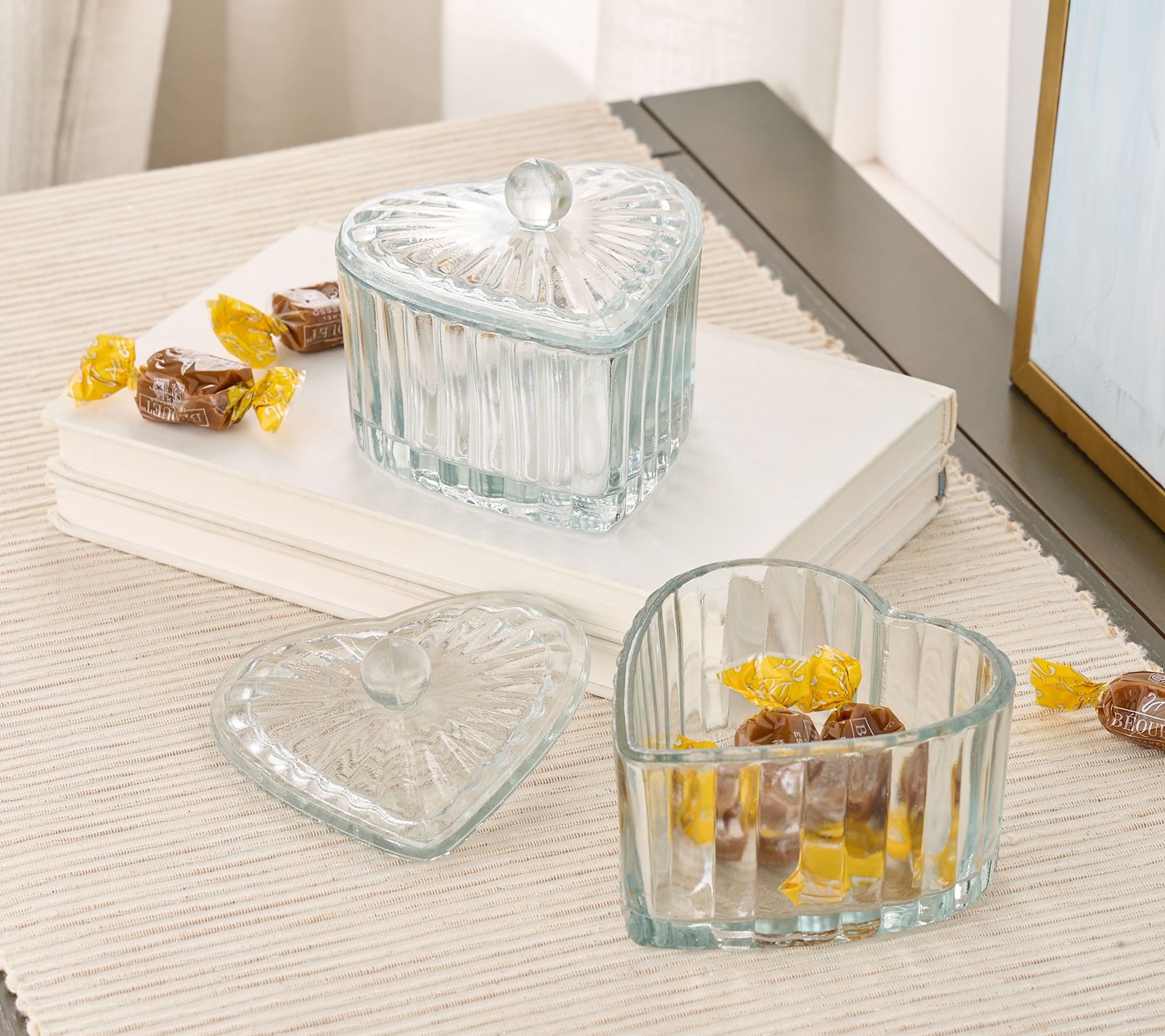 "As Is" Home Reflections Set of 2 Glass Heart Candy Dishes w/ Lids