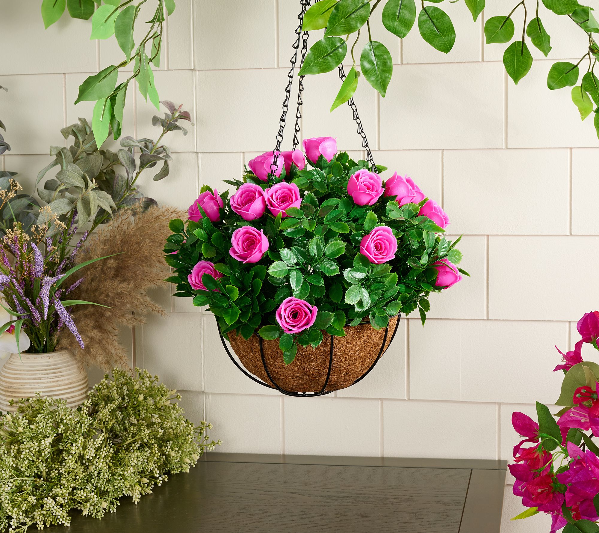 "As Is" Wicker Park 13" Faux Rose Indoor/Outdoor Hanging Basket