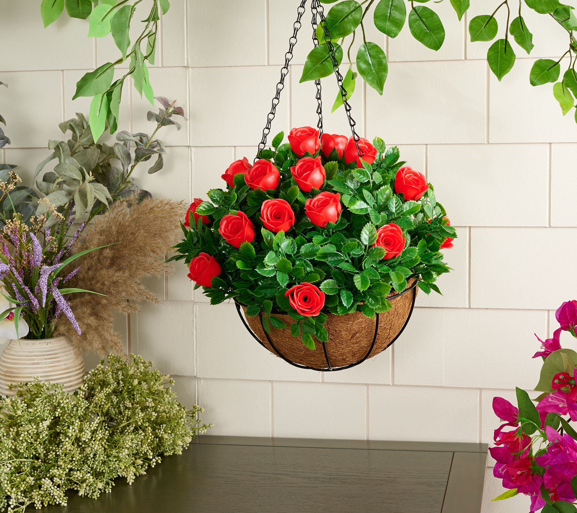 "As Is" Wicker Park 13" Faux Rose Indoor/Outdoor Hanging Basket