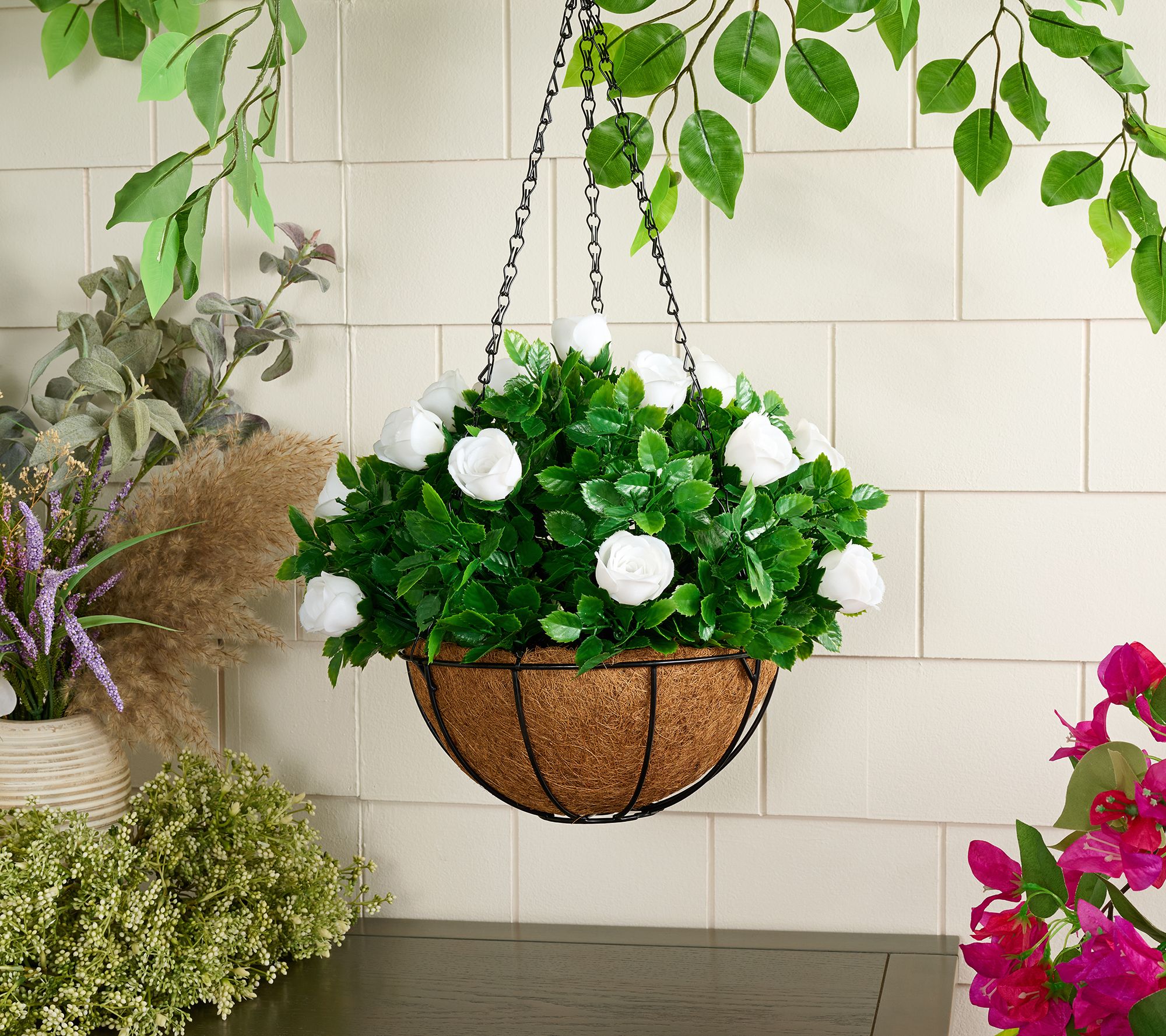 "As Is" Wicker Park 13" Faux Rose Indoor/Outdoor Hanging Basket