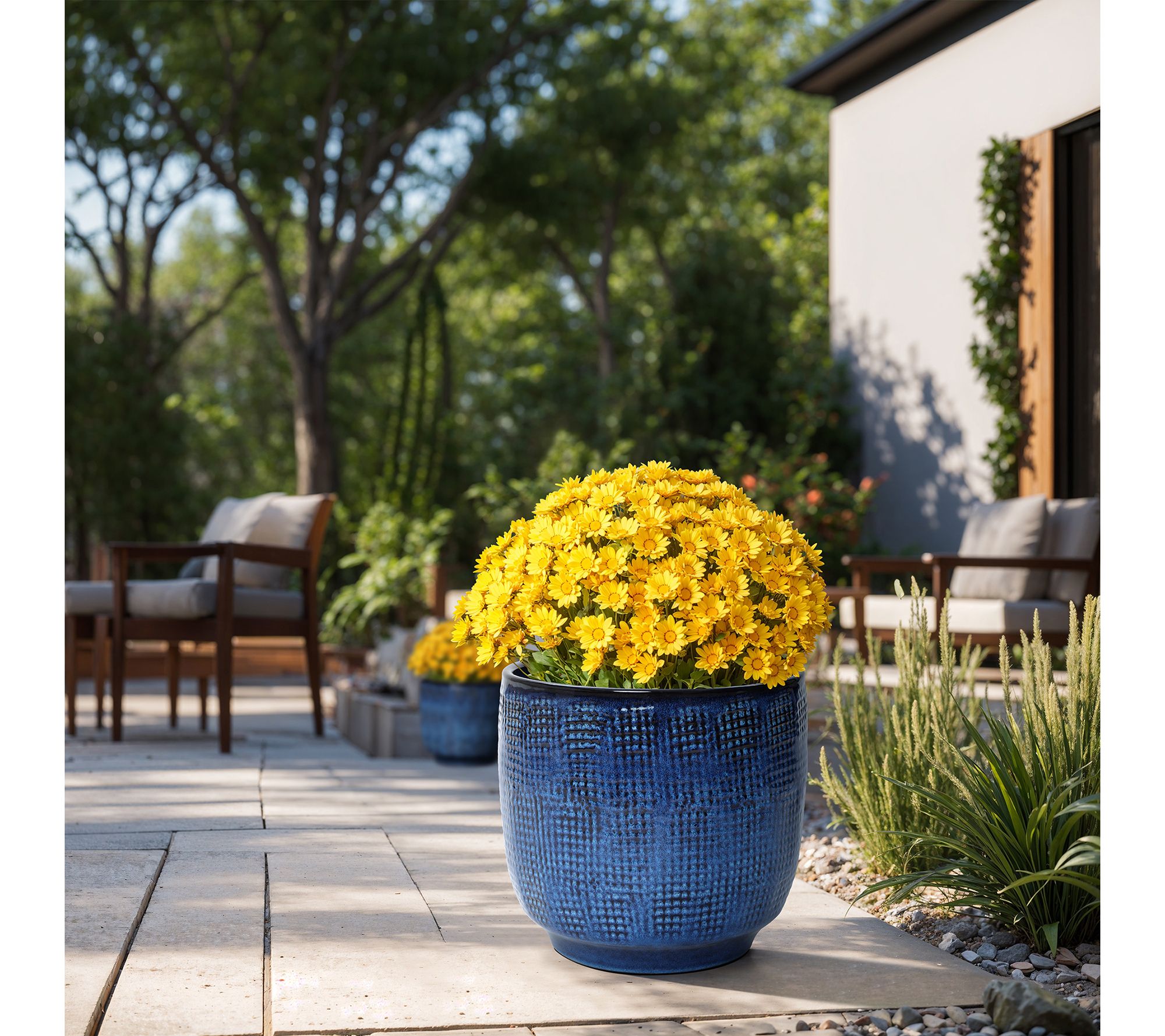 LuxenHome 12" Round Ceramic Planter, Textured Deep Blue Glaze