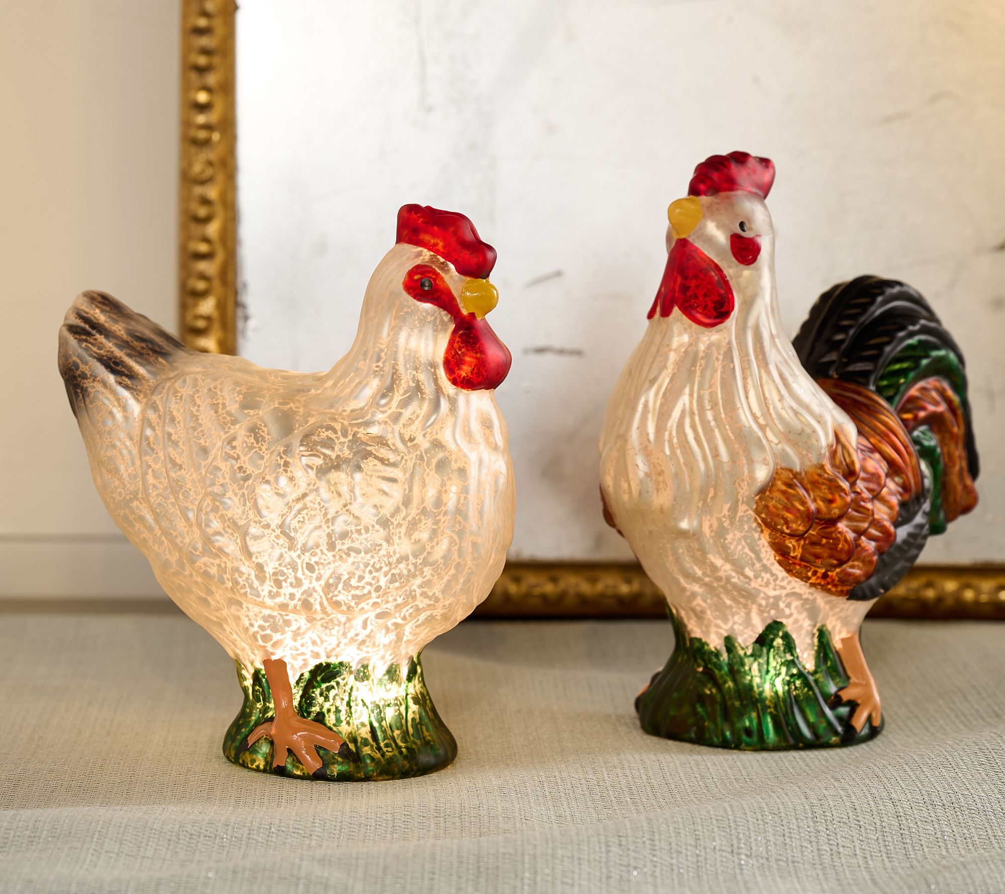 "As Is" Set of 2 Illuminated Mercury Glass Rooster & Hen by Valerie