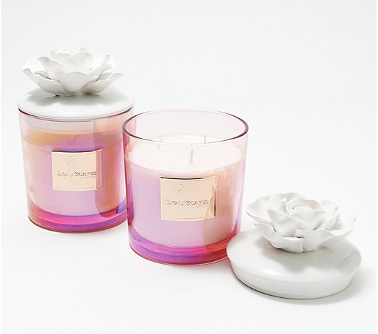 Lightscapes S/2 18oz Iridescent Candles with Ceramic Flower
