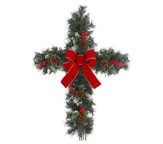 24-in Greenery Cross with red bow yard stake by Gerson Co