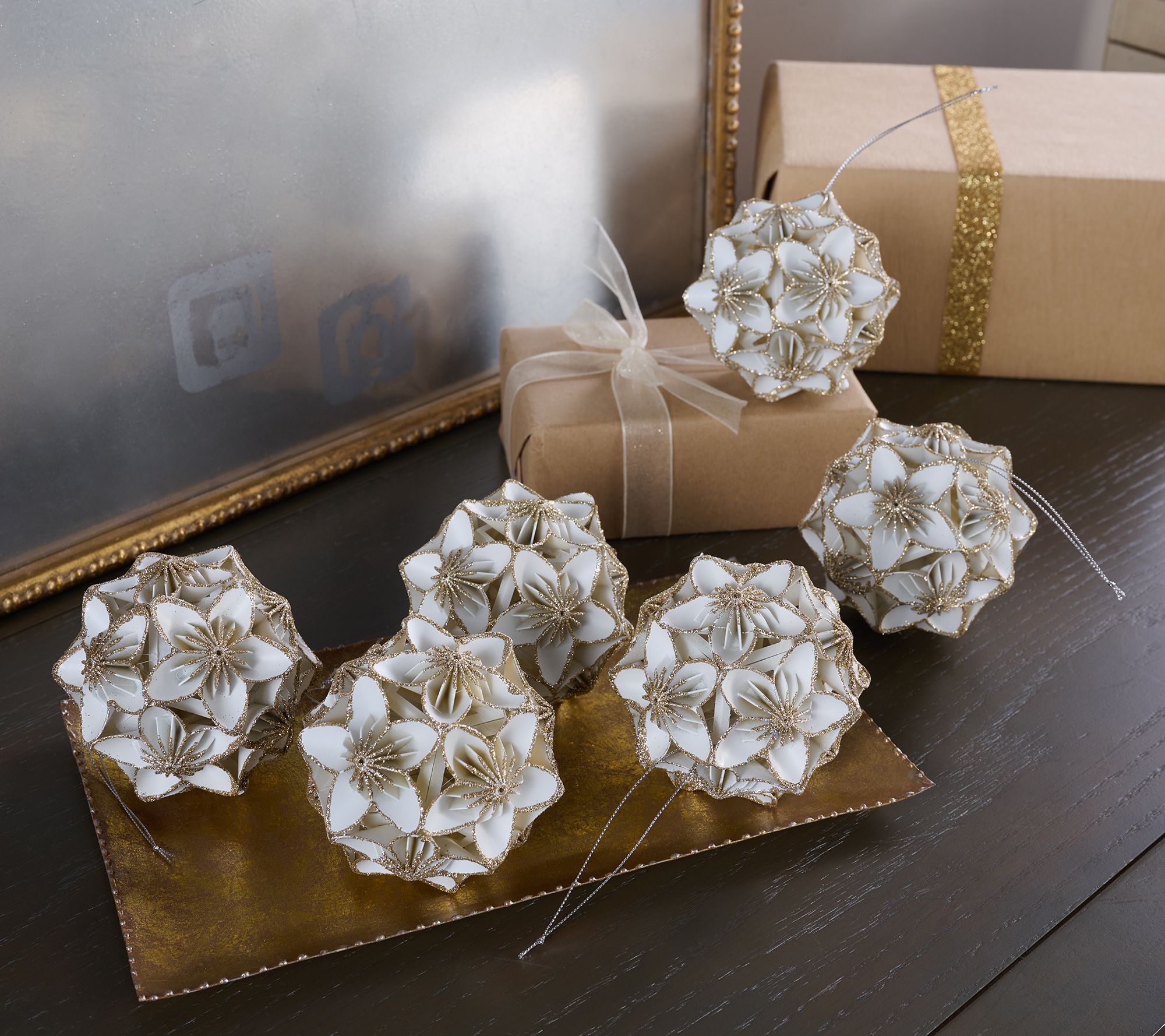 "As Is" Home Reflections S/6 Gold Trimmed Poinsettia Ornaments