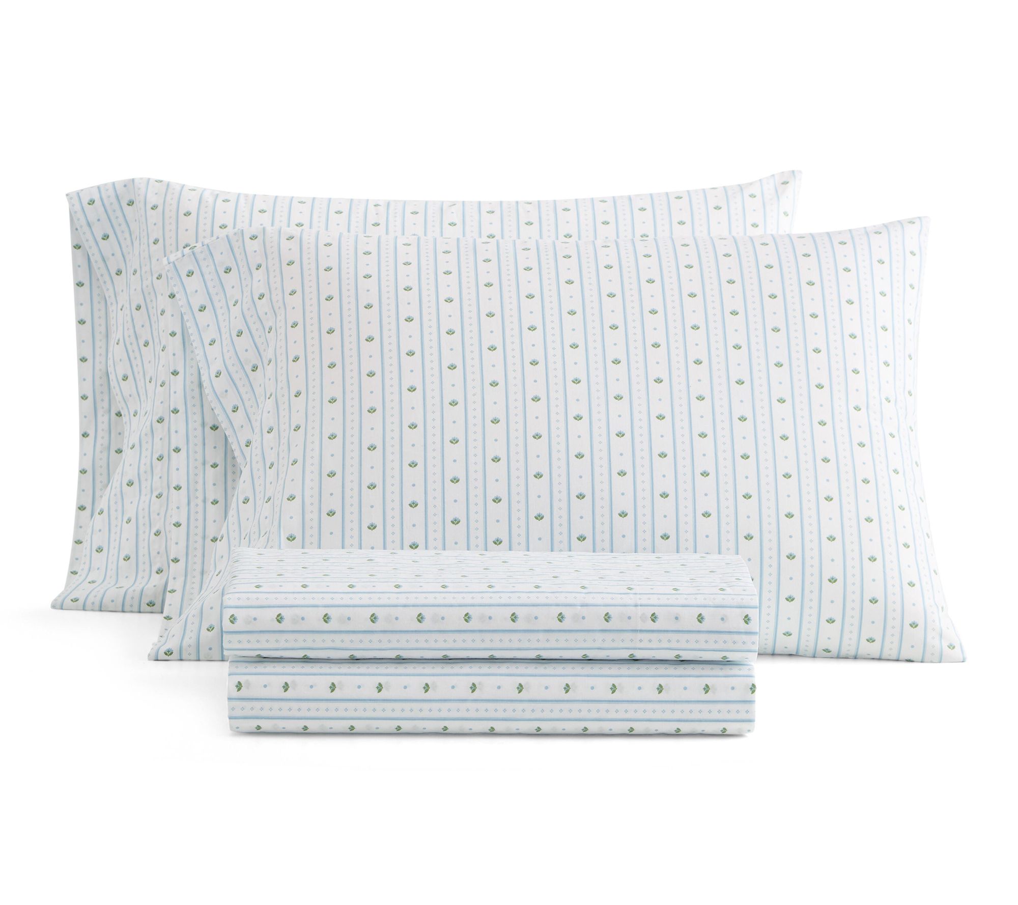 Martha Stewart Floral Stripe White/Blue CottonFull Sheet Set
