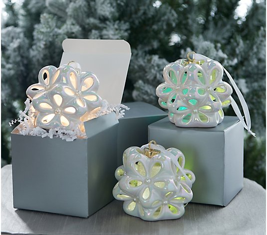 Lightscapes Set of 3 Lit Porcelain Snowflower Ornaments