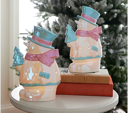 Set of 2 10" Iridescent Lit Porcelain Snowmen by Valerie