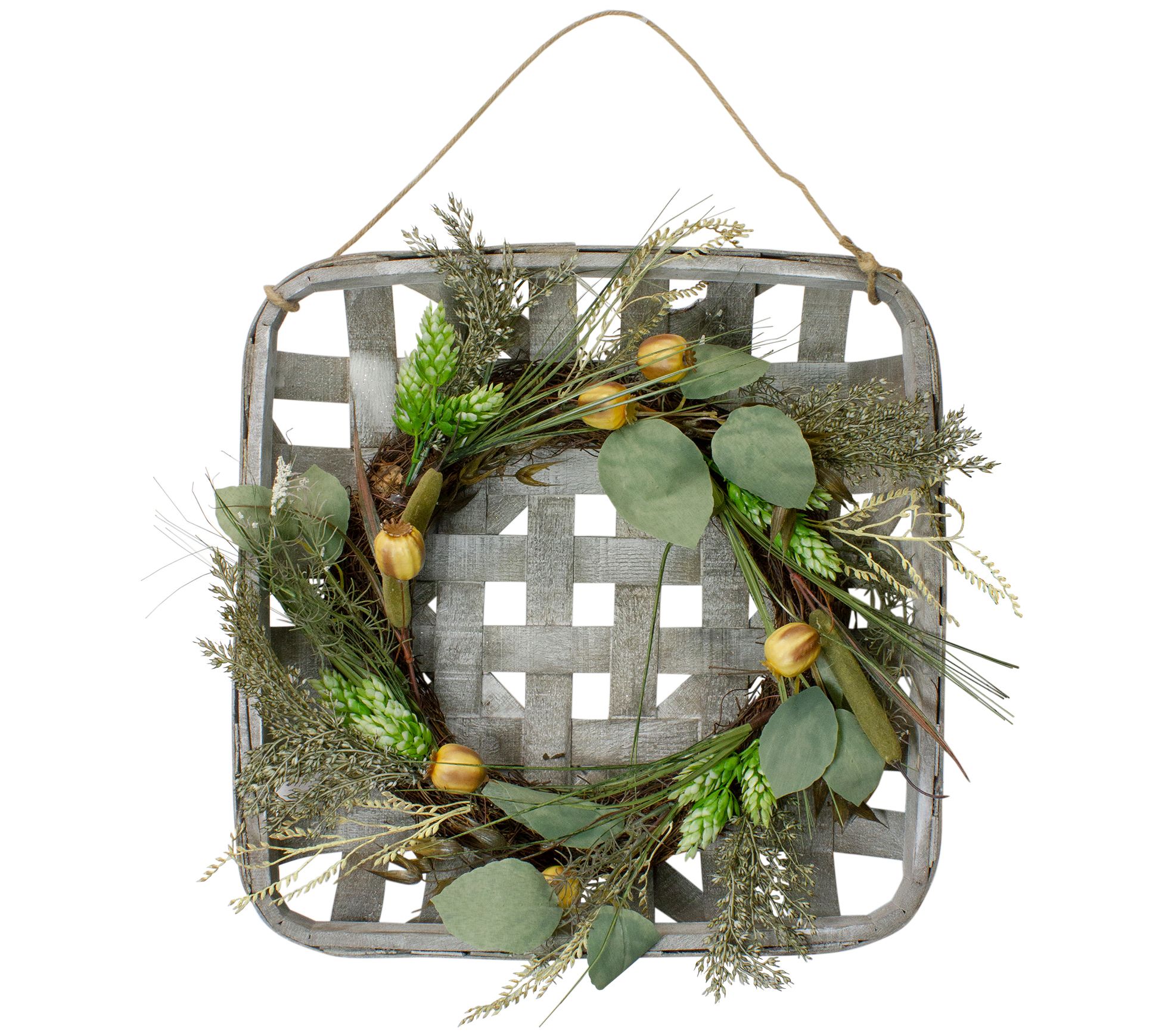 Northlight 16" Harvest Green Hop & Cattail Grapevine Wreath