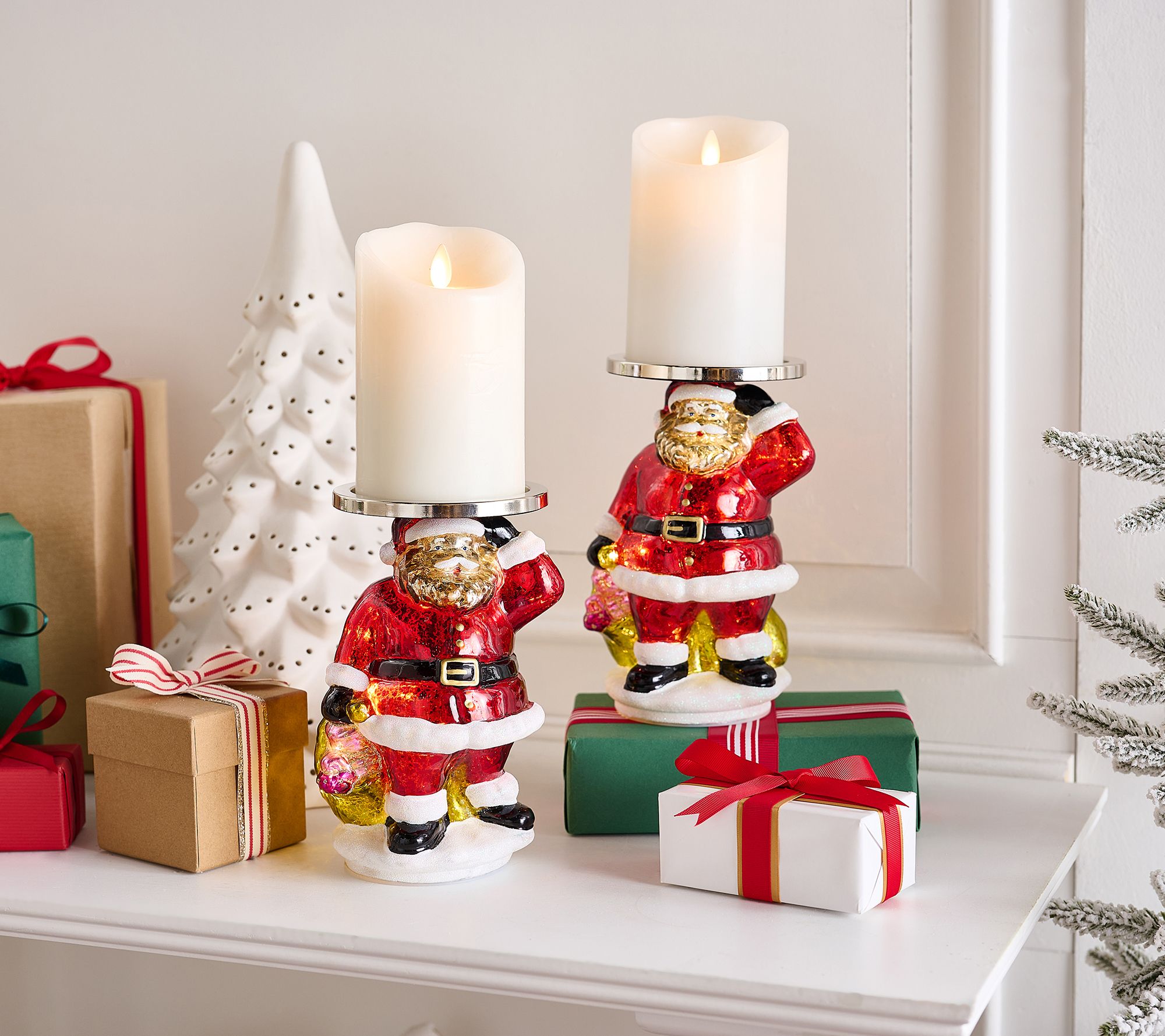 "As Is" Set of 2 Lit Mercury Glass Santa Pedestals by Valerie