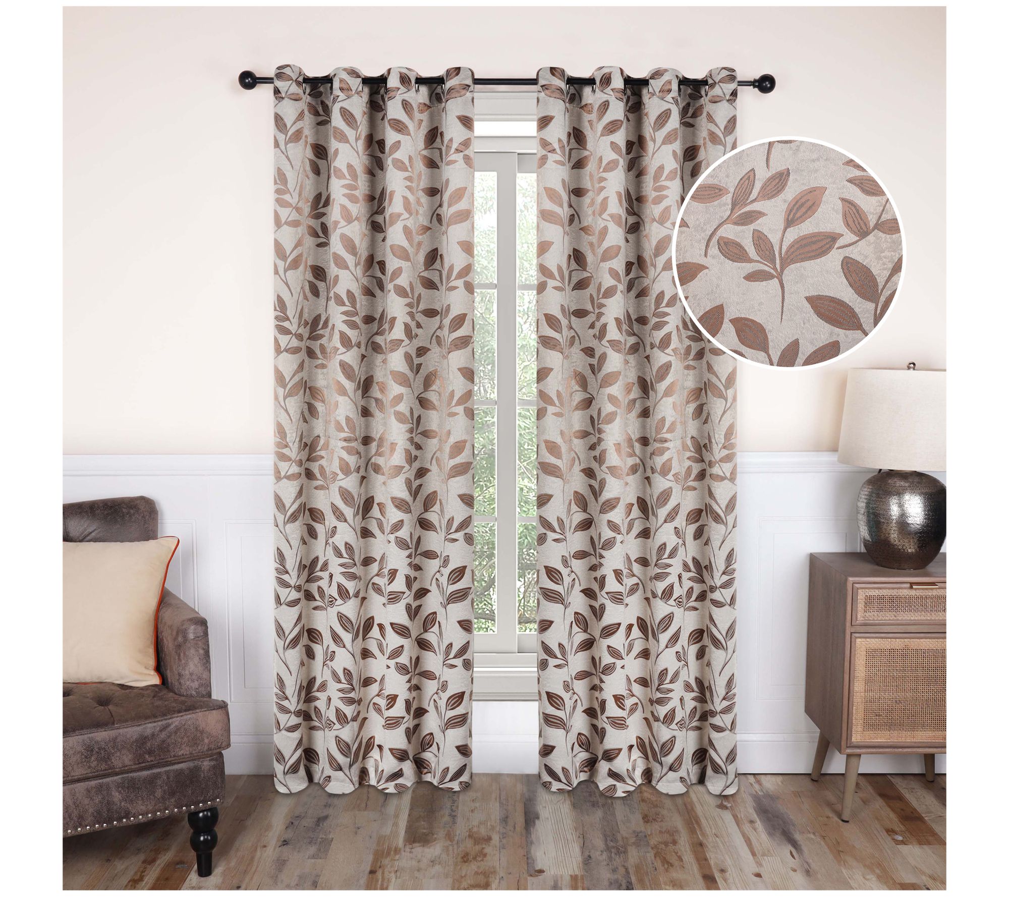 Superior Modern Leaves Blackout Curtain Panel Set, 52X120