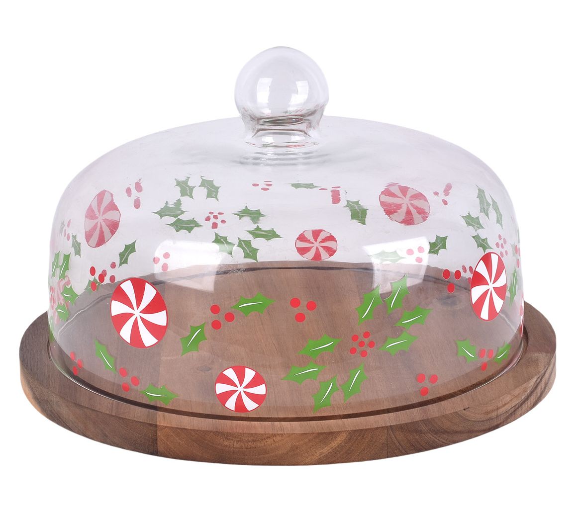 "As Is" Temp-tations Seasonal Wood Cake Plate with Glass Dome Lid