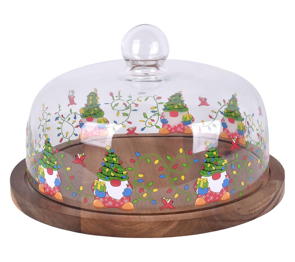 "As Is" Temp-tations Seasonal Wood Cake Plate with Glass Dome Lid