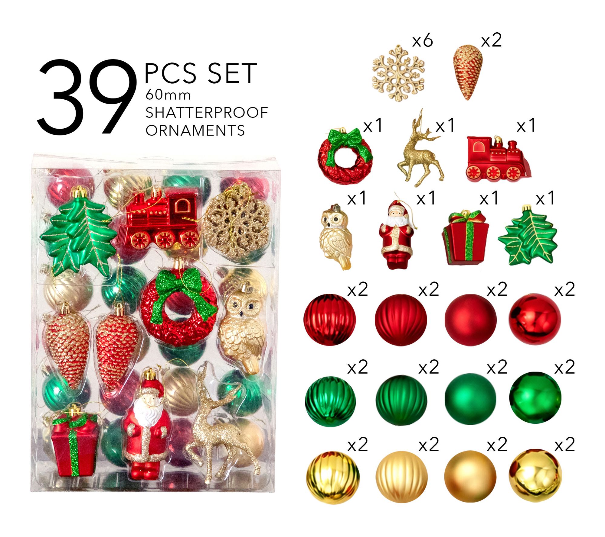 39-pc Red, Green and Gold Assorted Ornaments by Nearly Natural