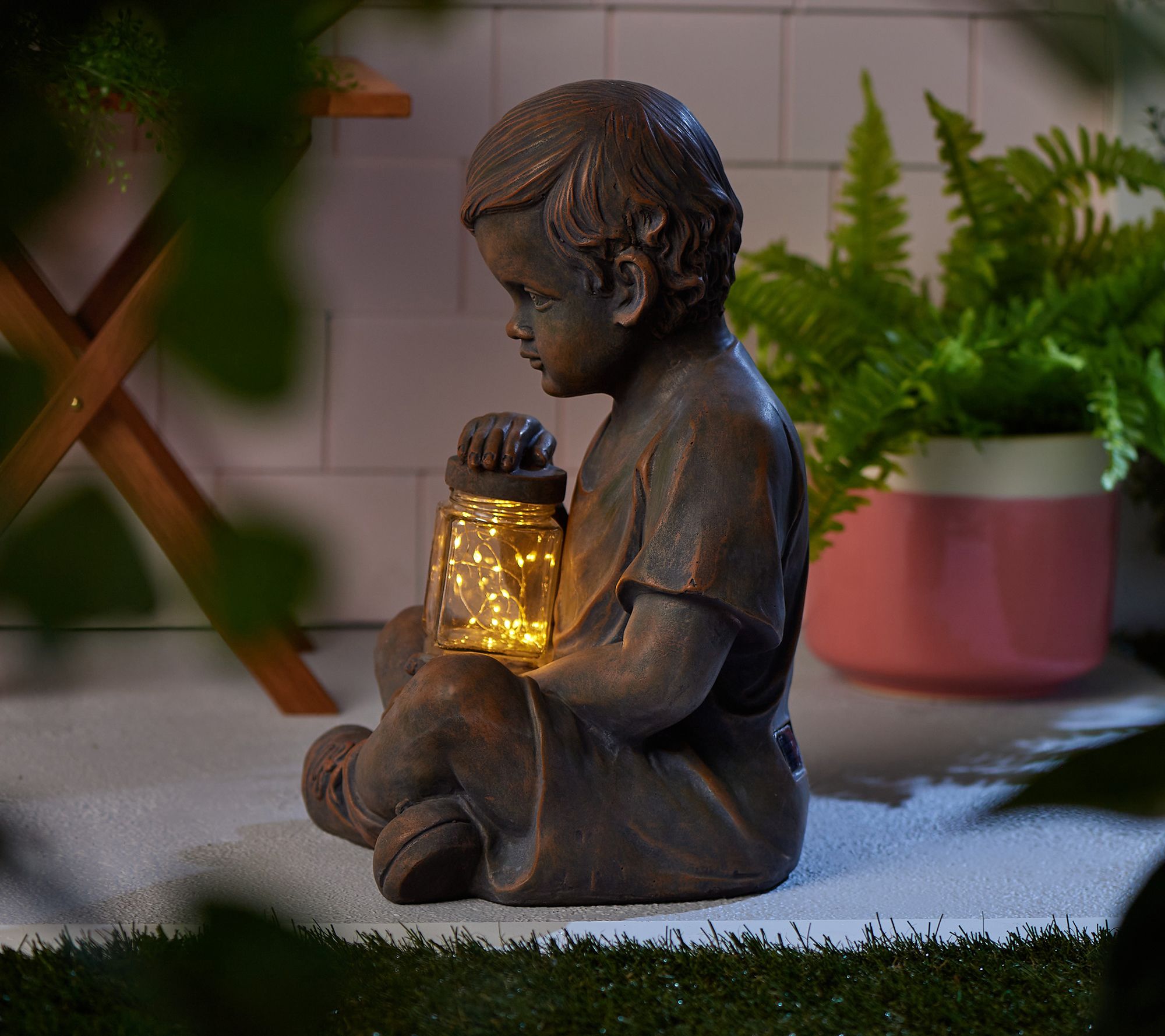 A Kid With Solar Fireflies Garden Decoration Outdoor Statue Resin Jar Boy Girl W 