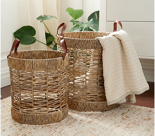 Set of 2 I/O Rattan Baskets with Faux Leather Handles by Bobby Berk