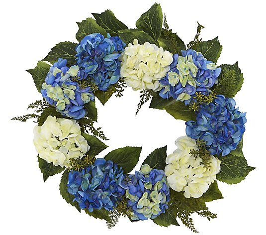 24" Blue and White Hydrangea Wreath by Nearly Natural