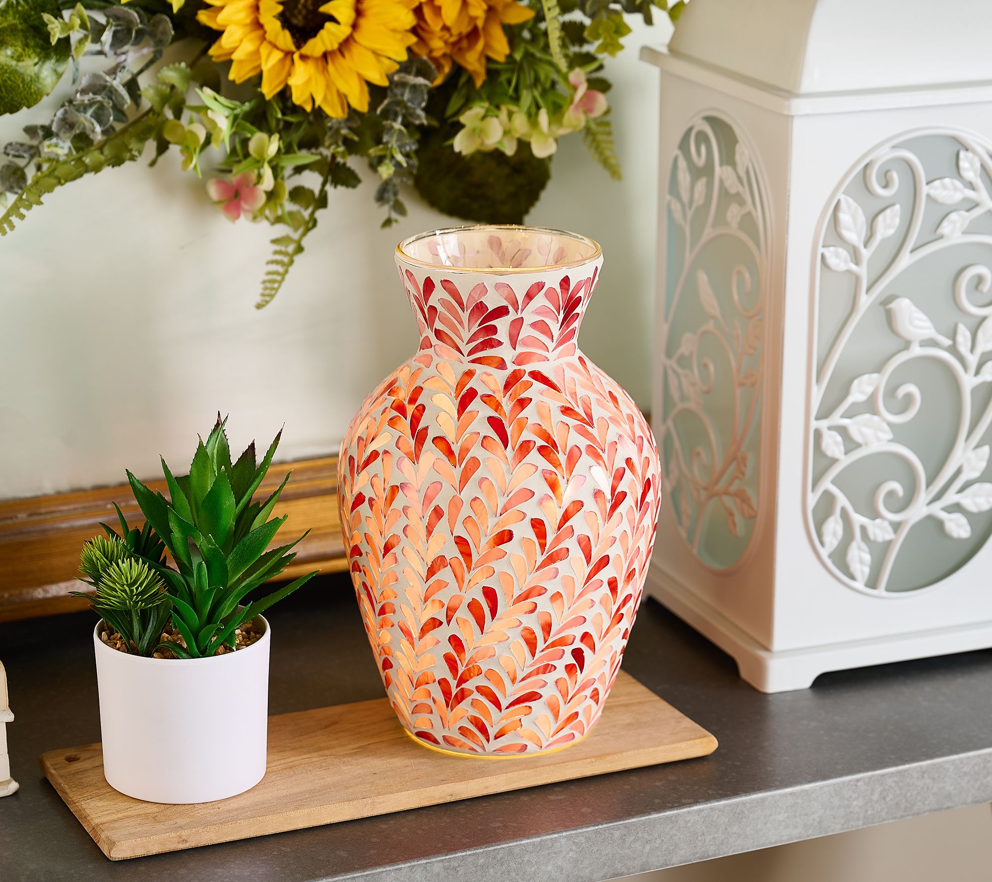 Illuminated Mosaic Vine Hurricane Vase by Valerie