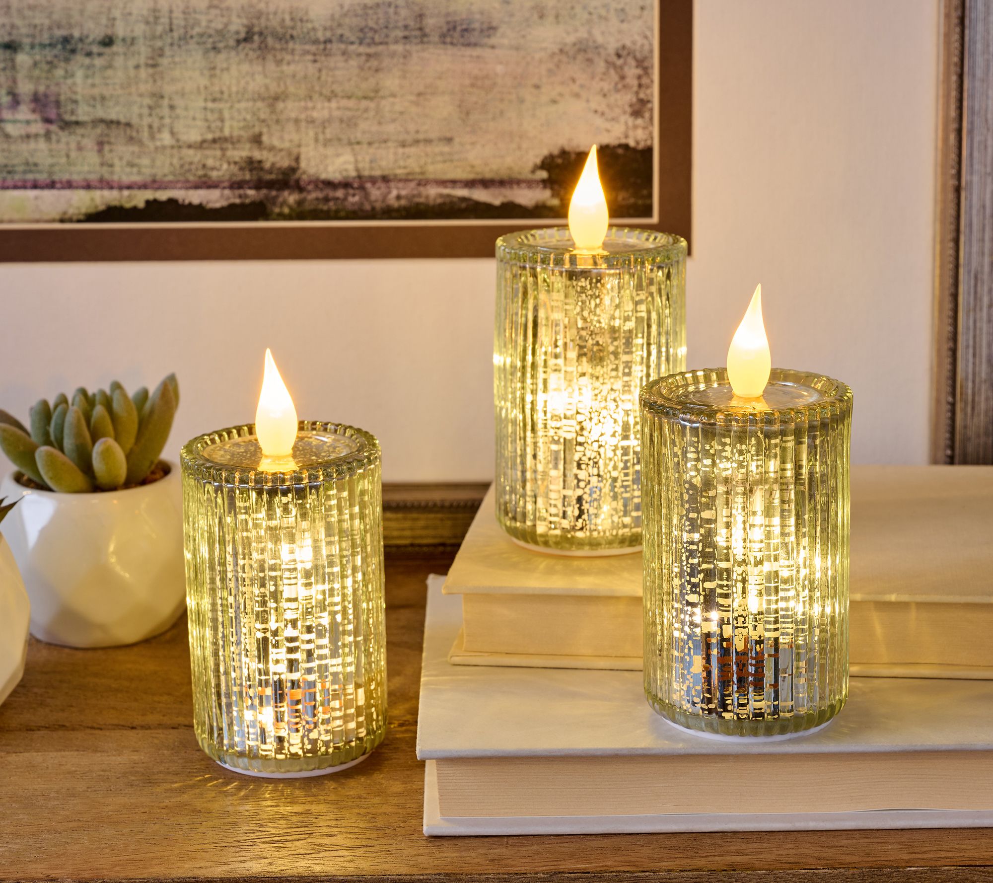 Set of 3 4" Twinkling Mercury Glass Ribbed Candles by Valerie