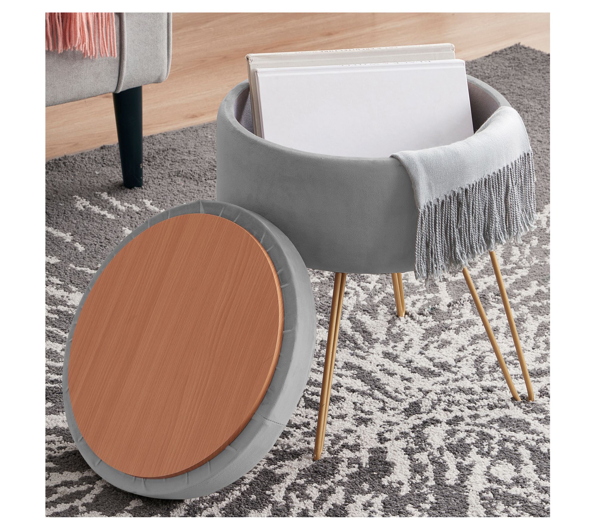 Ornavo Home Round Velvet Storage Ottoman with Gold Metal Legs