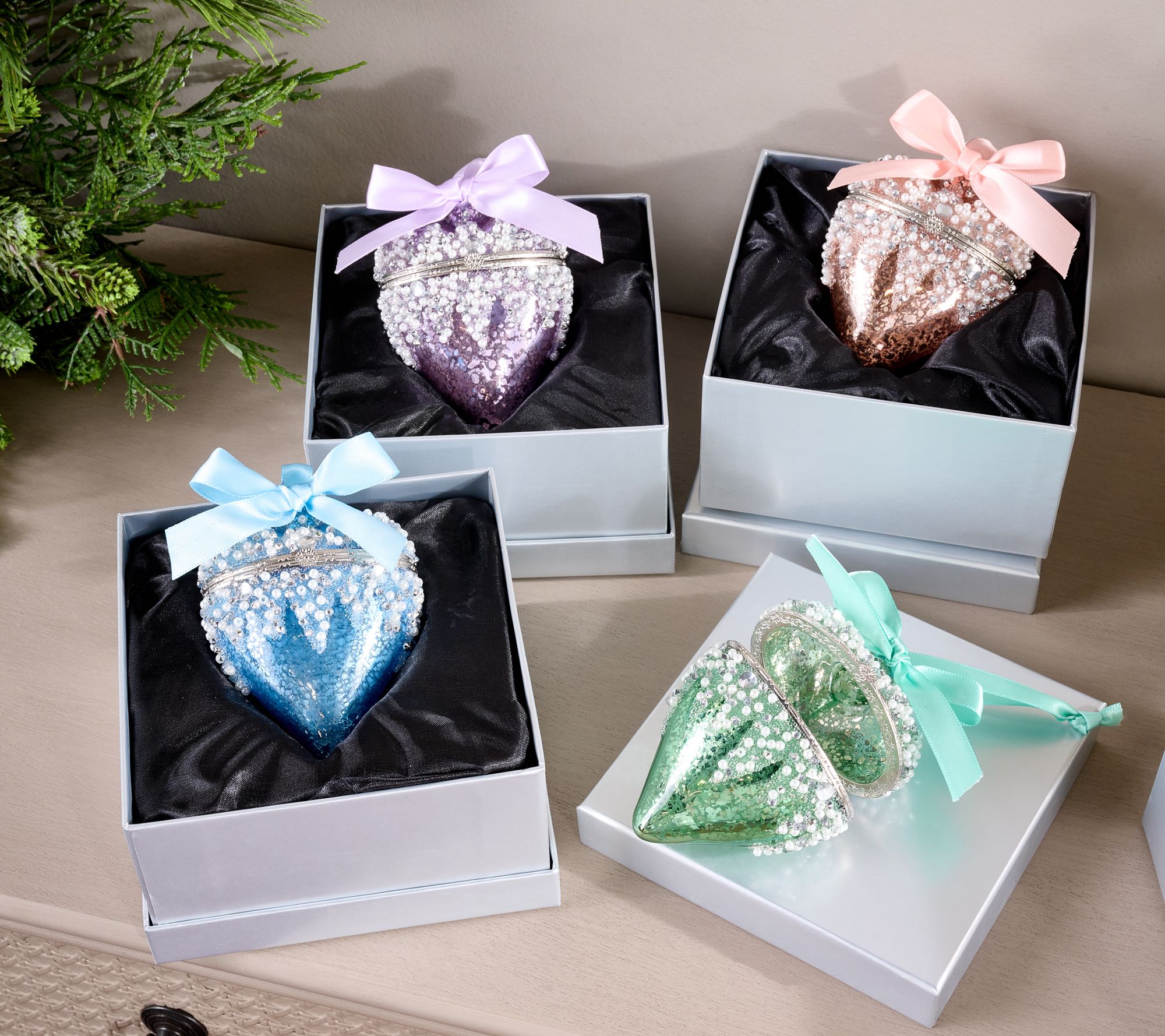 Set of 4 Beaded Heart Ornaments with Gift Boxes by Valerie