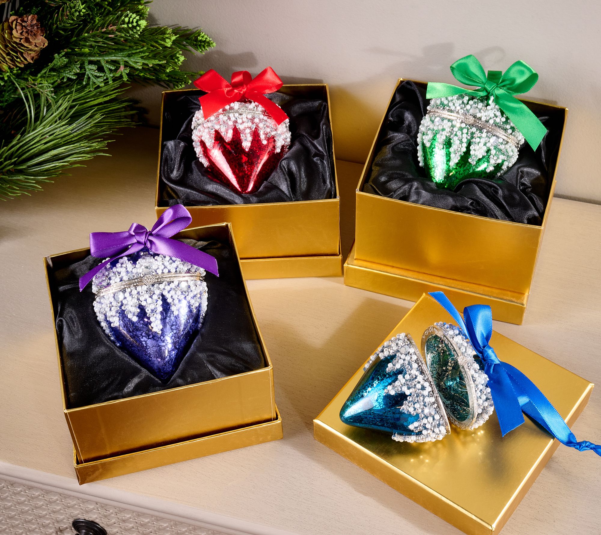 Set of 4 Beaded Heart Ornaments with Gift Boxes by Valerie