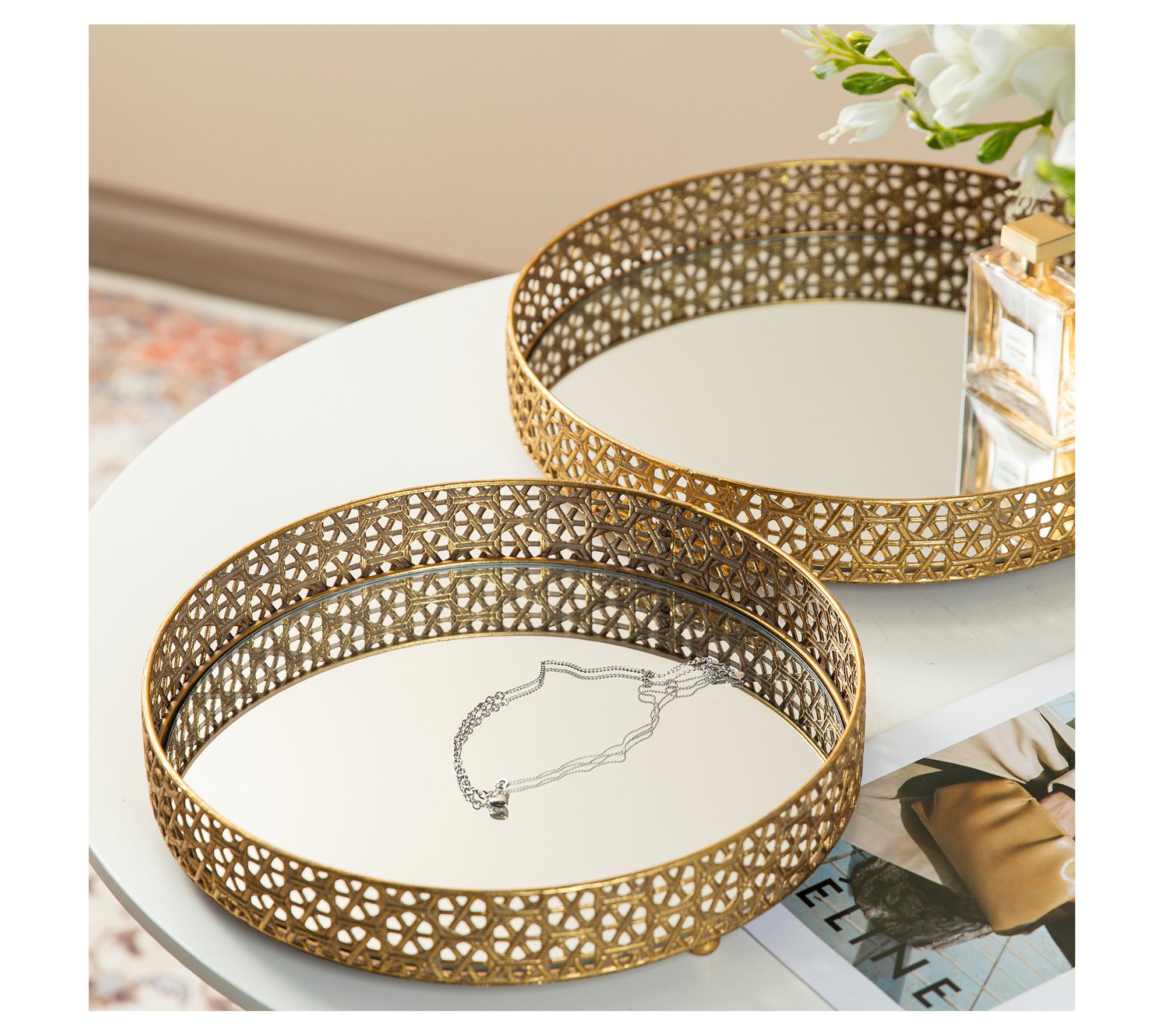 Glitzhome Set of 2 Round Metal Mirrored Decorative Trays