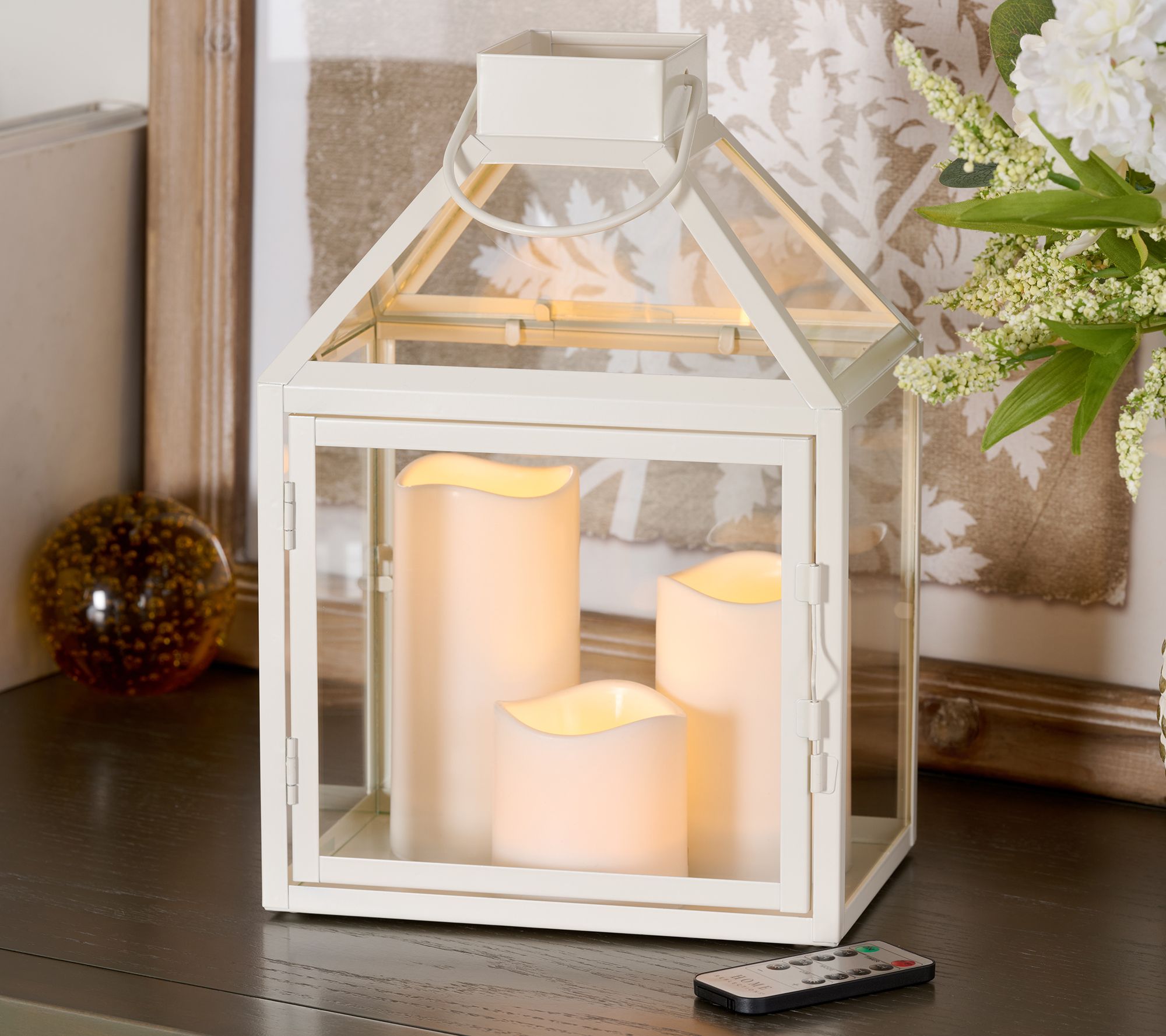 Home Reflections 12" Lantern  w/ 3pc Flameless Pillars