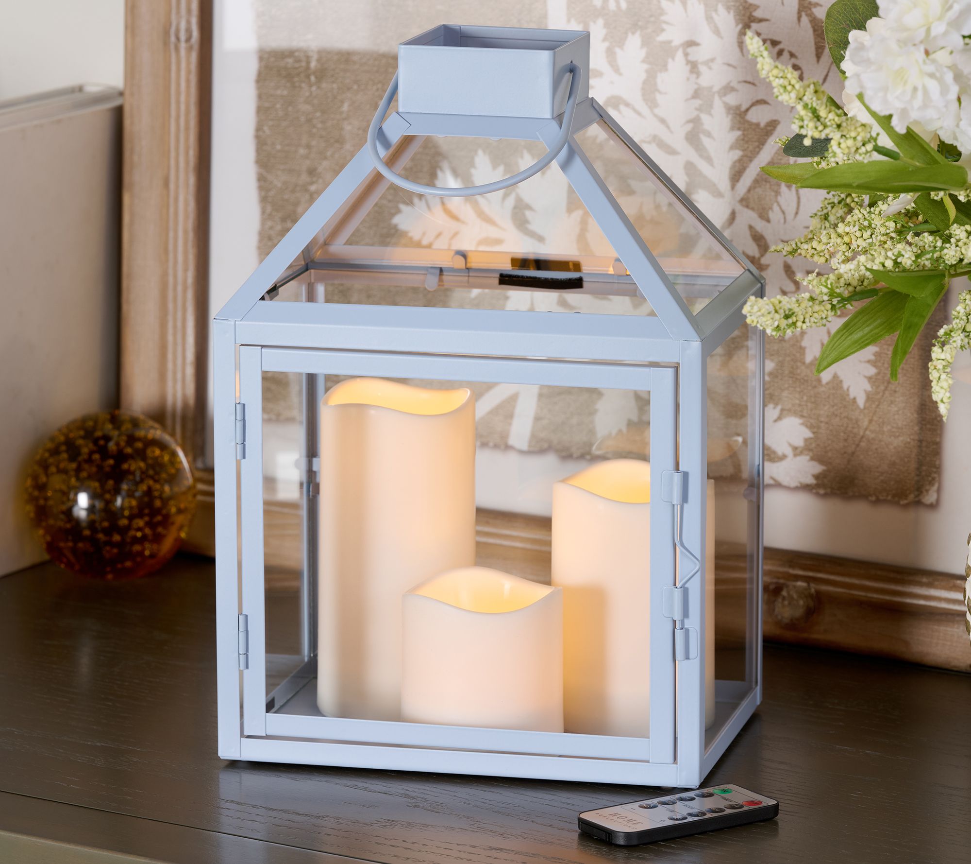 Home Reflections 12" Lantern  w/ 3pc Flameless Pillars