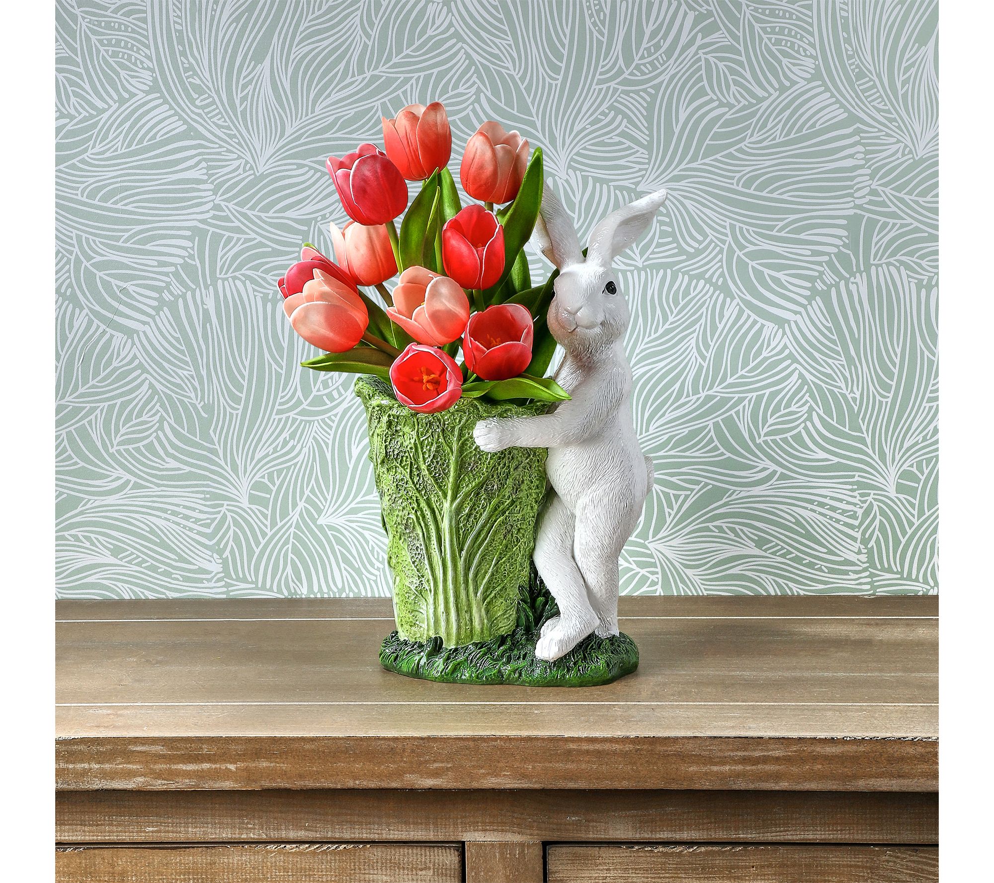 12" Resin Bunny With Cabbage Pot By Valerie