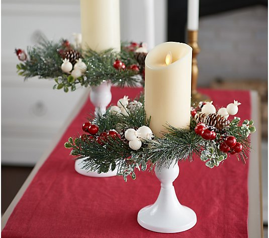 S/2 Frosted Berry, Pinecone and Pine Candle Rings by Valerie