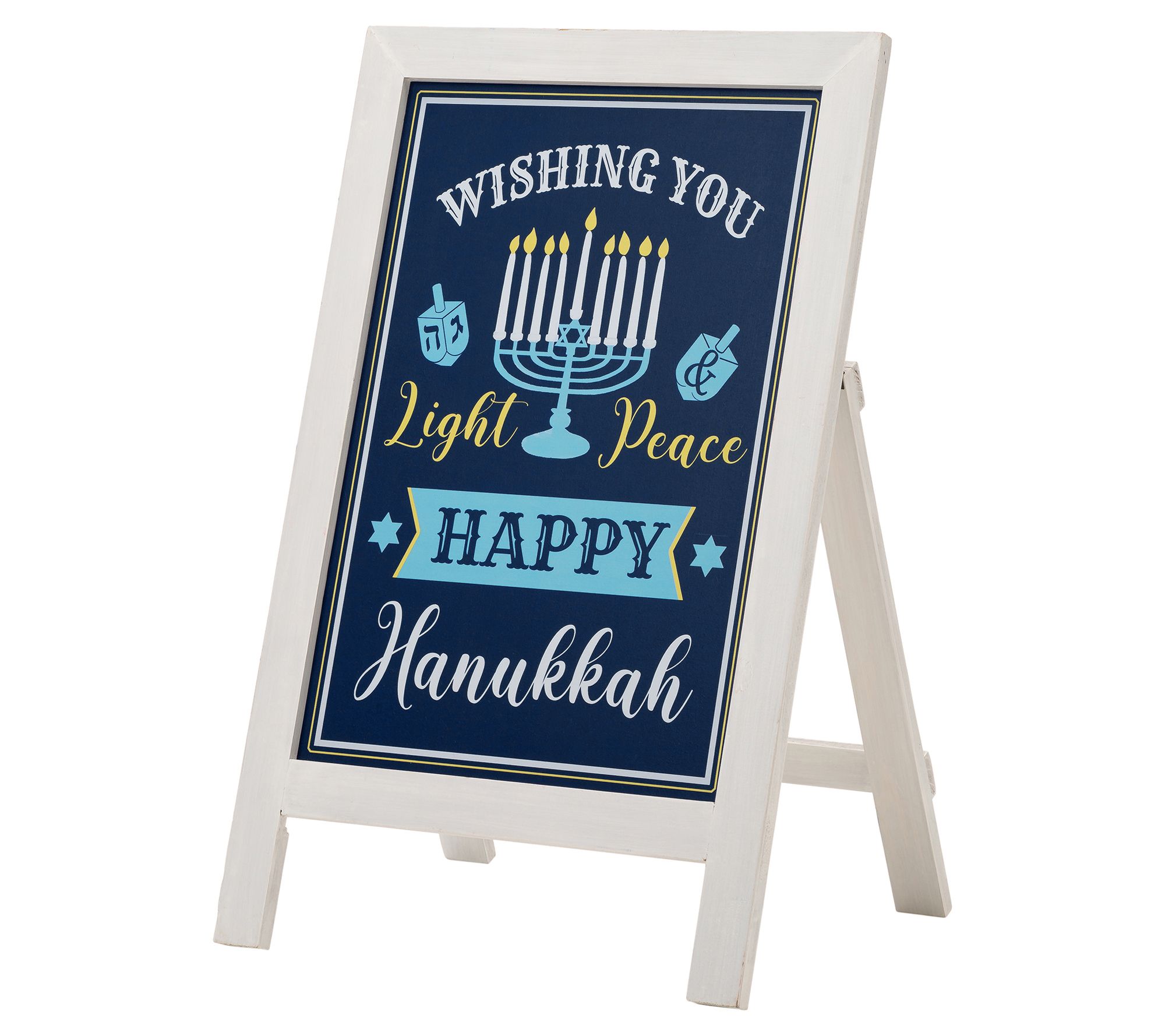 A white and blue Hanukkah porch sign