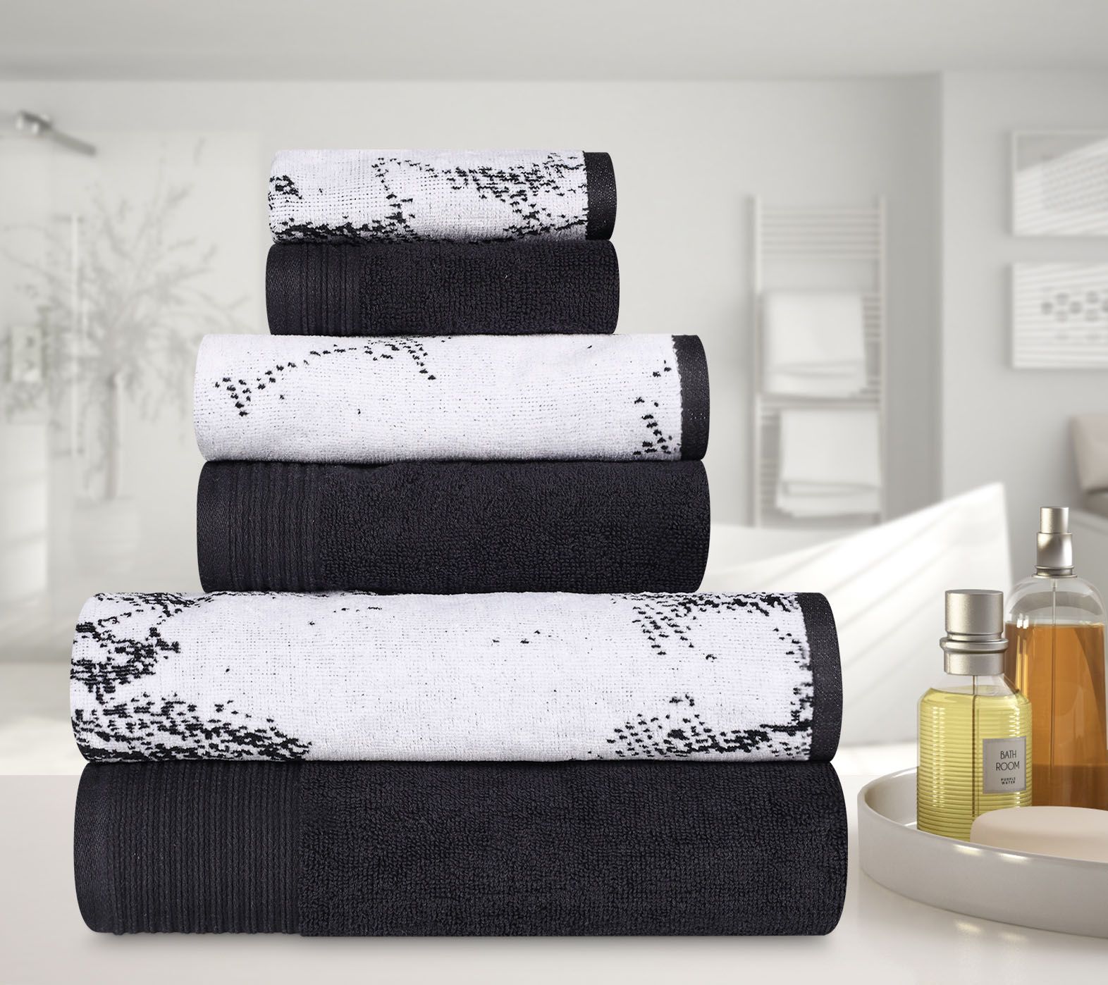 Superior Marble Effect Cotton Quick Drying 6 Pi ece Towel Set