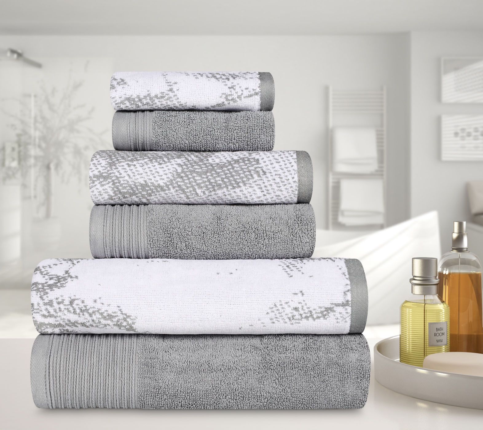 Superior Marble Effect Cotton Quick-Drying 6-Pi ece Towel Set