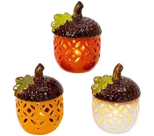 Set of 3 Battery Lighted Ceramic Acorns by Gerson Co.