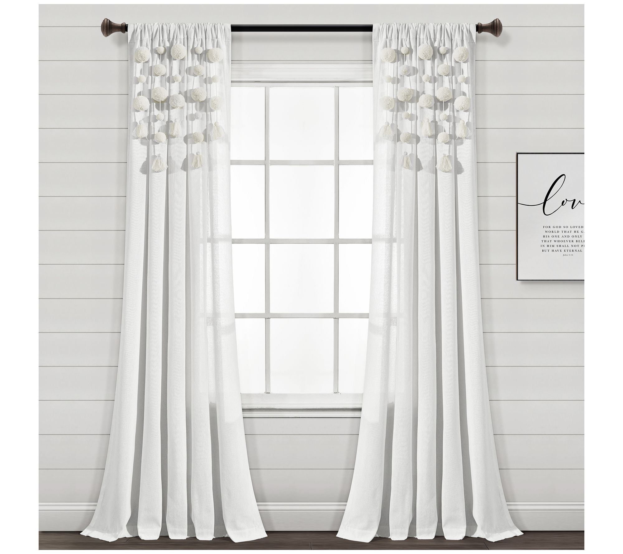 Boho Pom Pom Tassel Linen 52" x 84" Window Panel by Lush Deco