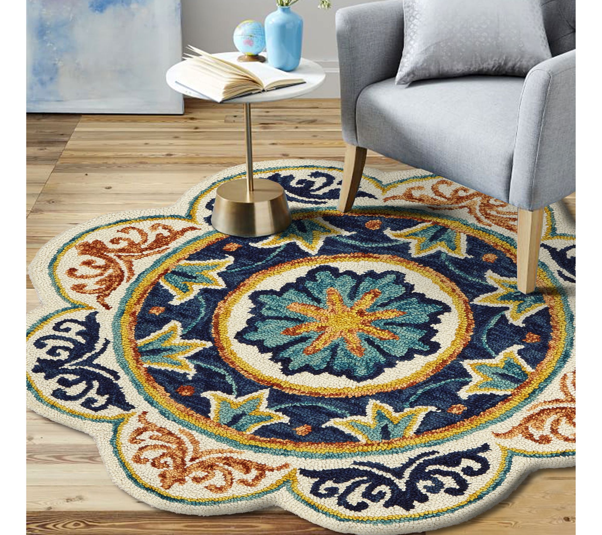 Ox Bay Maya Blue Floral Medallion Wool Indoor 4' Round Rug