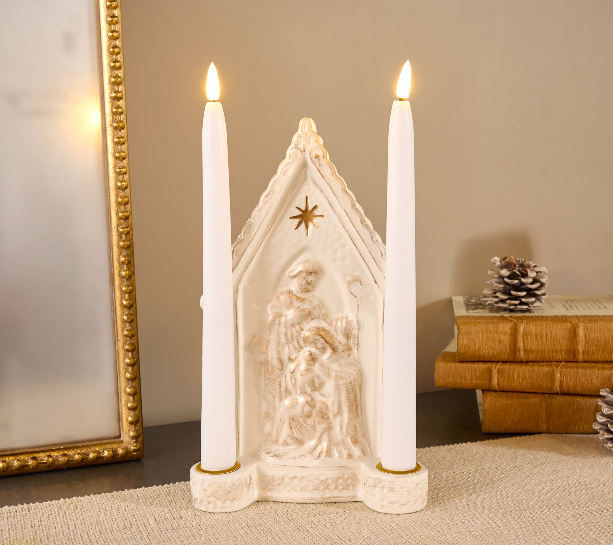 "As Is" Lightscape Ceramic Holiday Scene with 2 Taper Candles