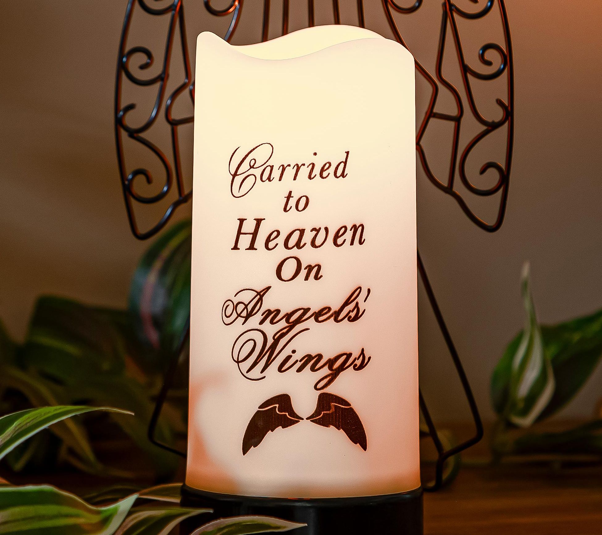 Evergreen Angel LED Wax Candle with Metal Holder Set