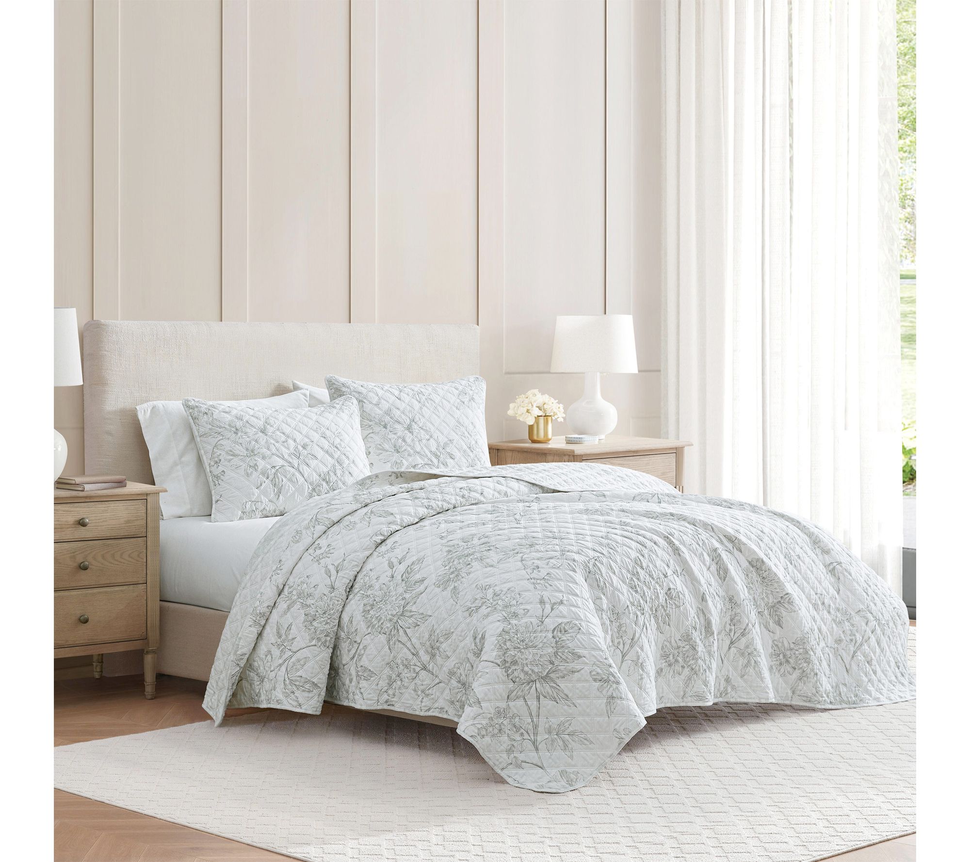 Martha Stewart Vine Flora Green Cotton Queen Quilt Set