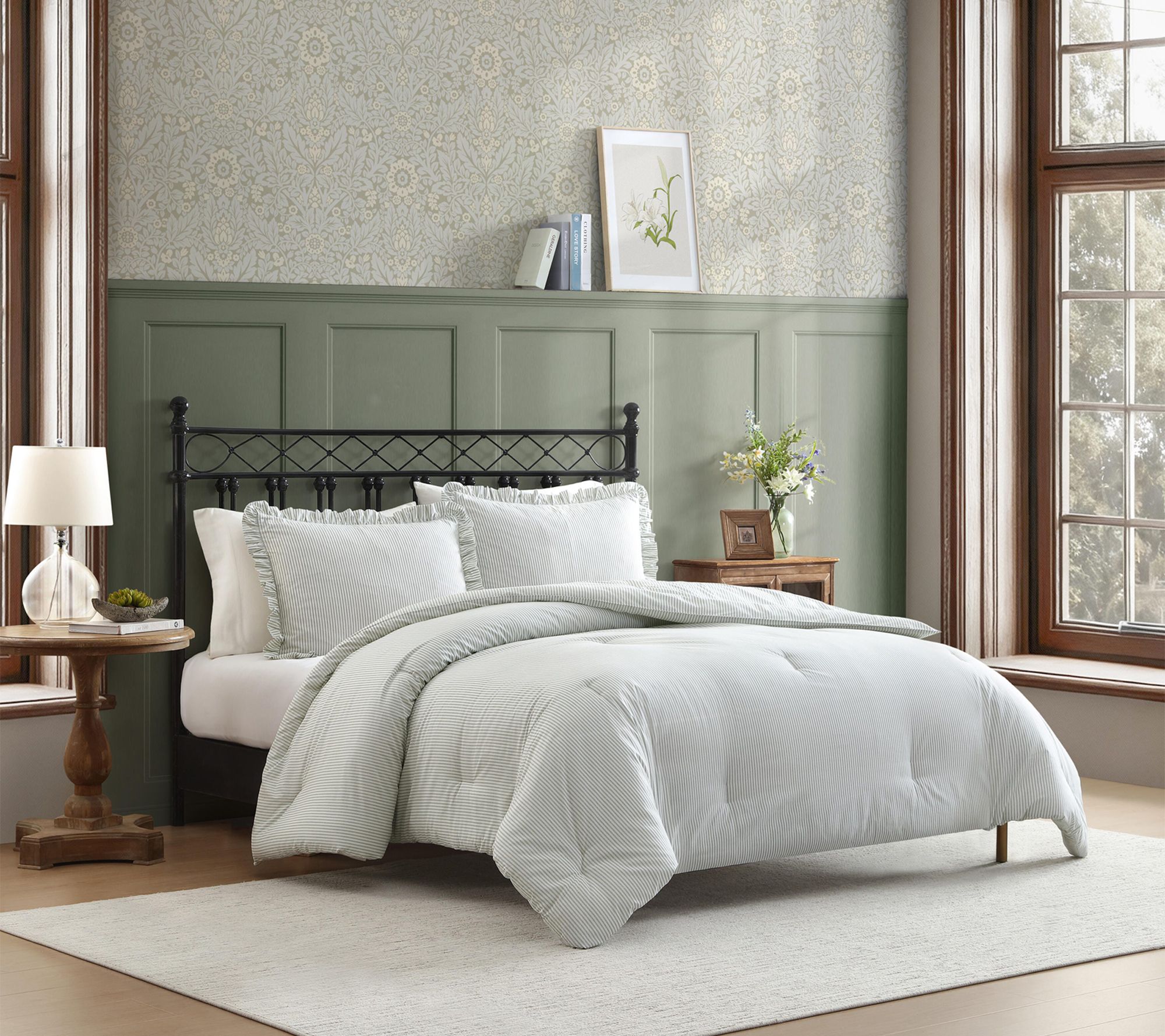 Laura Ashley Oxford Stripe Green Cotton Twin Comforter Set