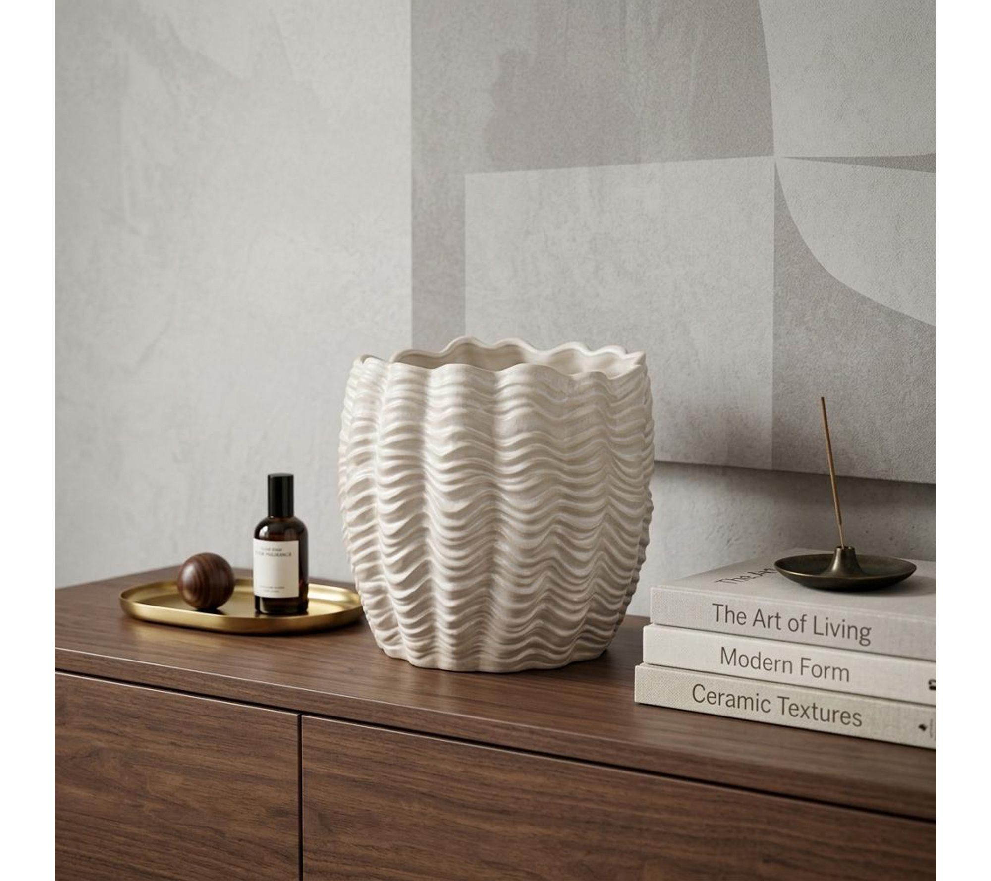 HomeRoots 11" Cream Ceramic Sculptural Waves Vase