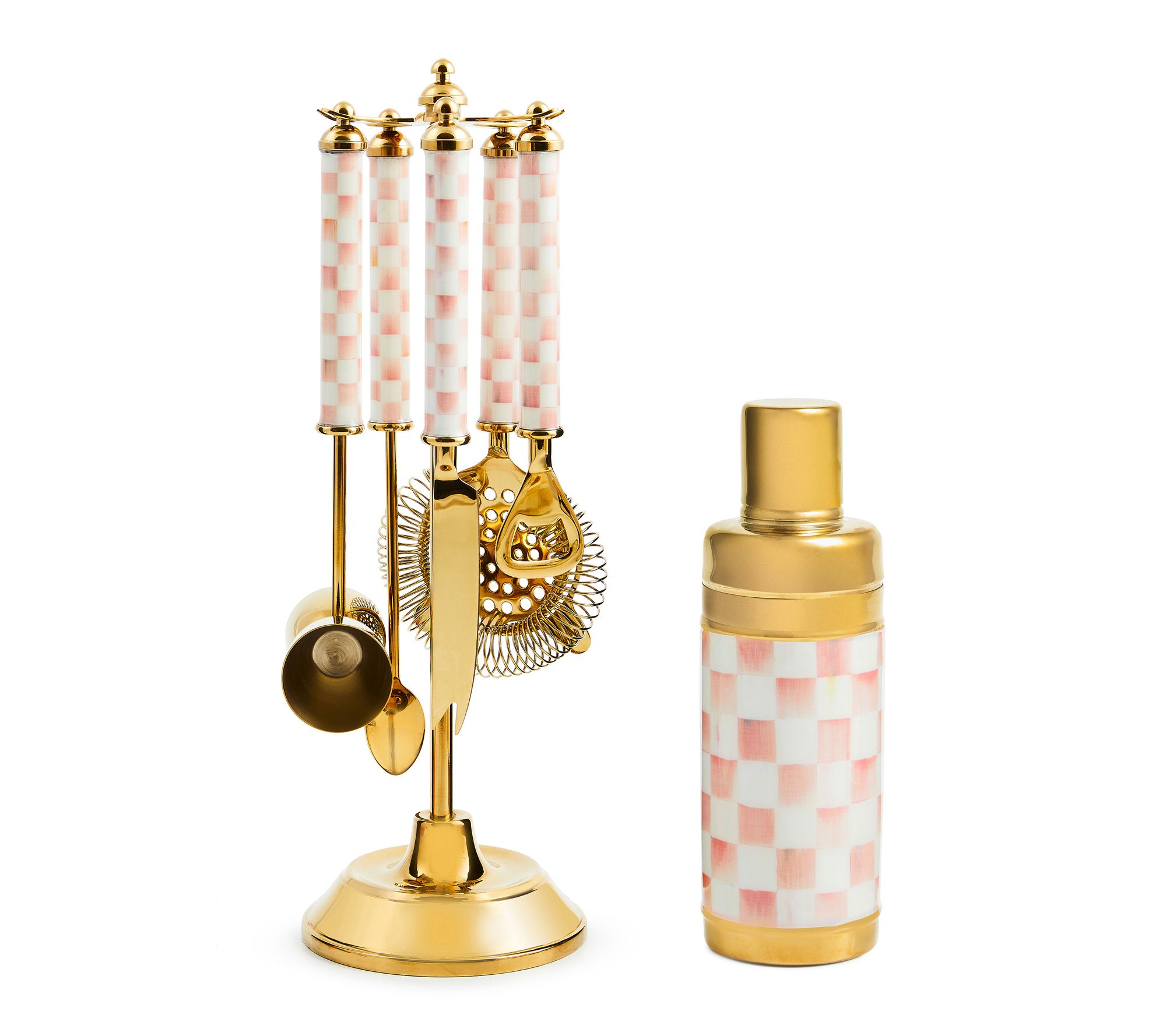 MacKenzie -Childs Rosy Check 3260 Gold Cocktail Set