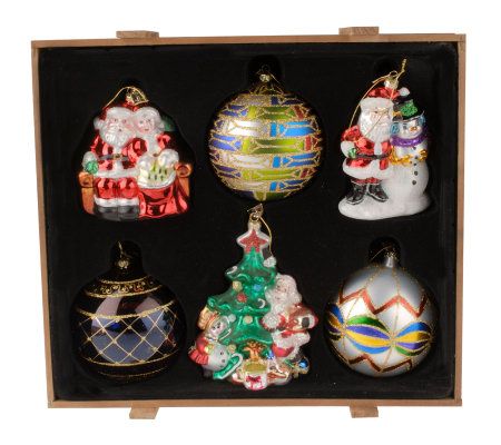 Thomas Pacconi Set of 6 Large Blown Glass Ornaments with Wooden ...